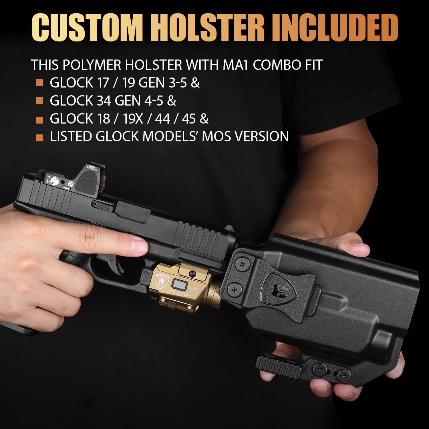 WARRIORLAND FDE MA1 800 Lumens Rail Mounted Universal Pistol Light, Combo Custom Holster for Glock 17/19 Gen 3-5 & Glock 34 Gen 4-5 & 18/19X/ 44/45 & MOS, Rechargeable | Screen Power Status - WARRIORLAND