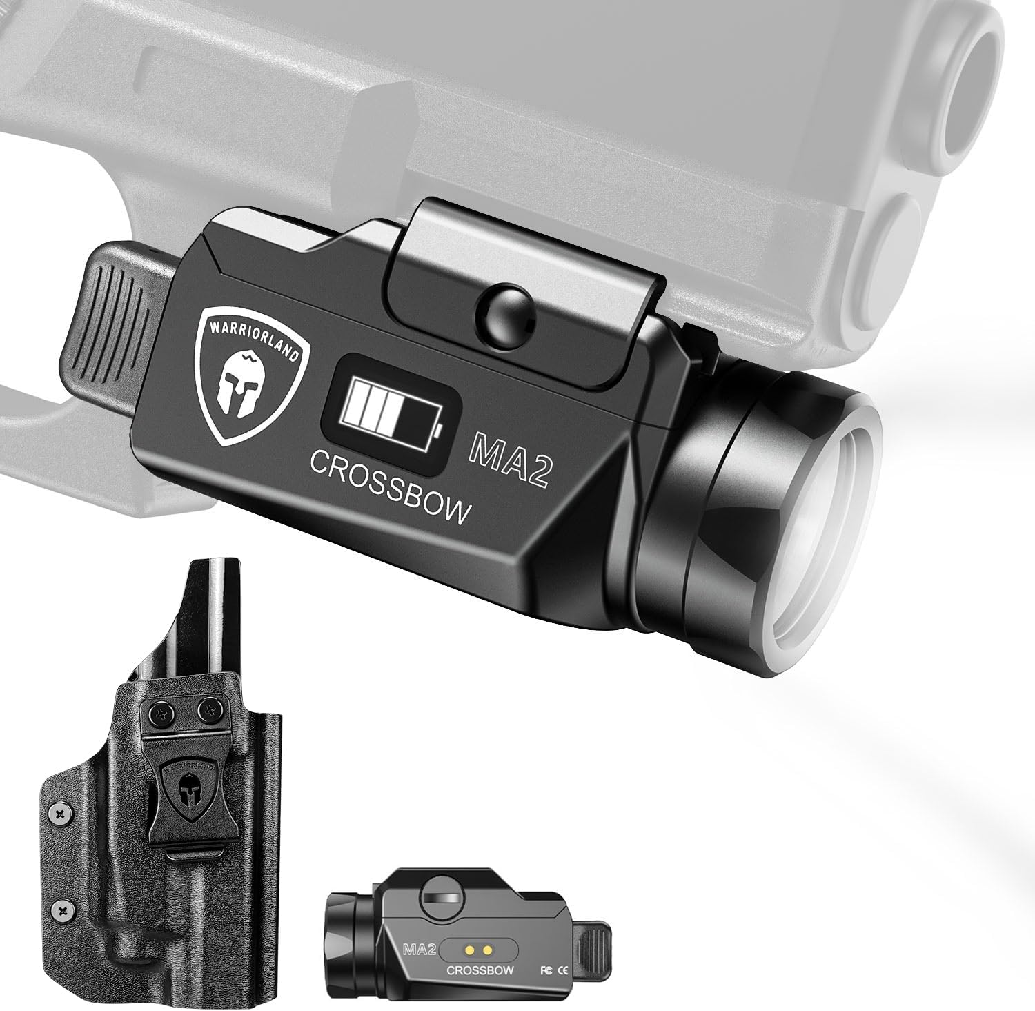 WARRIORLAND MA2 Pistol Light with Holster Fit for Glock 20/21/22/23 Gen 3-5 & Glock 34 Gen 4, 800-lumen LED Weapon Pistol Flashlight & Right-Hand IWB Holster, Rechargeable | Screen Power Indicator - WARRIORLAND