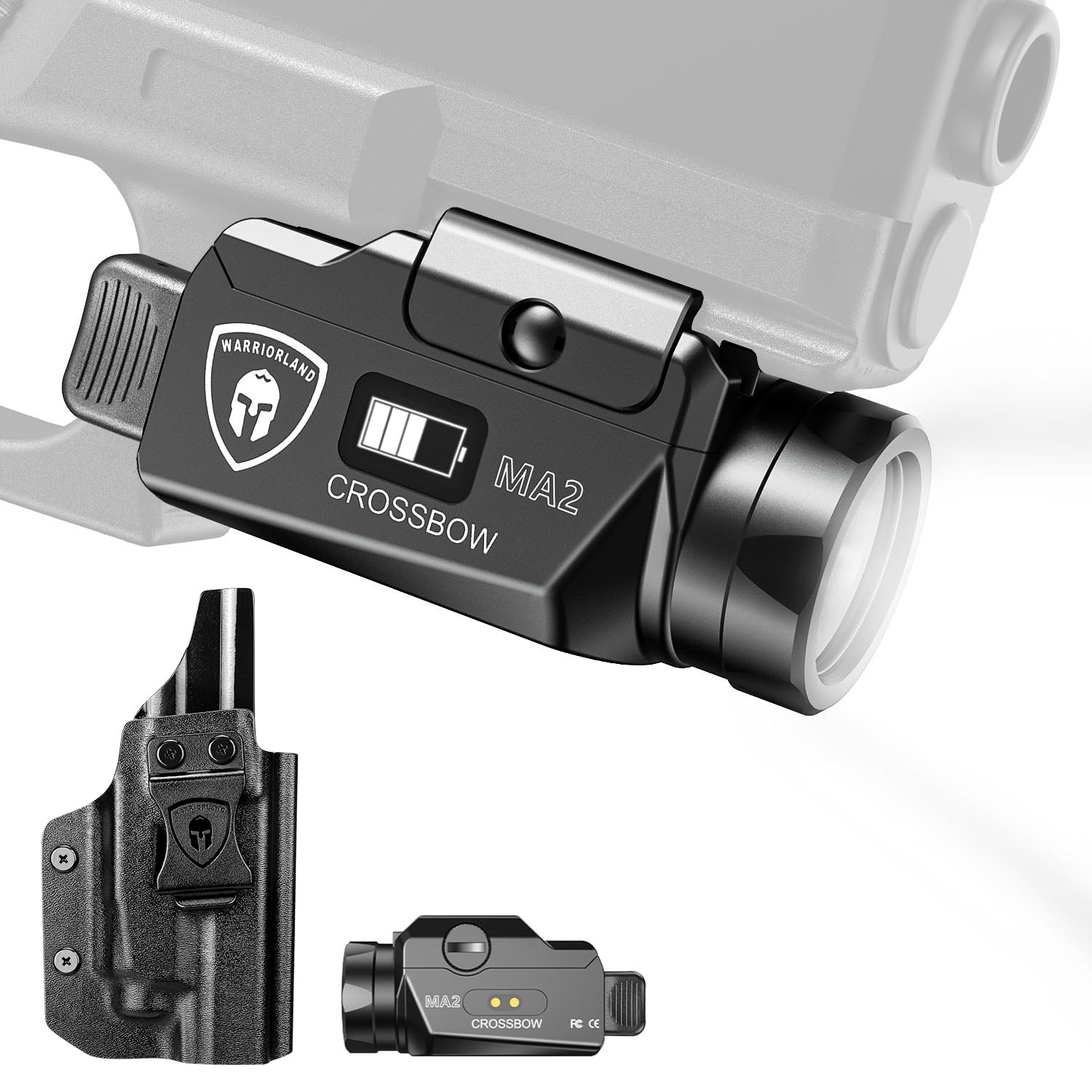 WARRIORLAND MA2 Pistol Light with Holster Fit for Glock 20/21/22/23 Gen 3-5 & Glock 34 Gen 4, 800-lumen LED Weapon Pistol Flashlight & Right-Hand IWB Holster, Rechargeable | Screen Power Indicator - WARRIORLAND