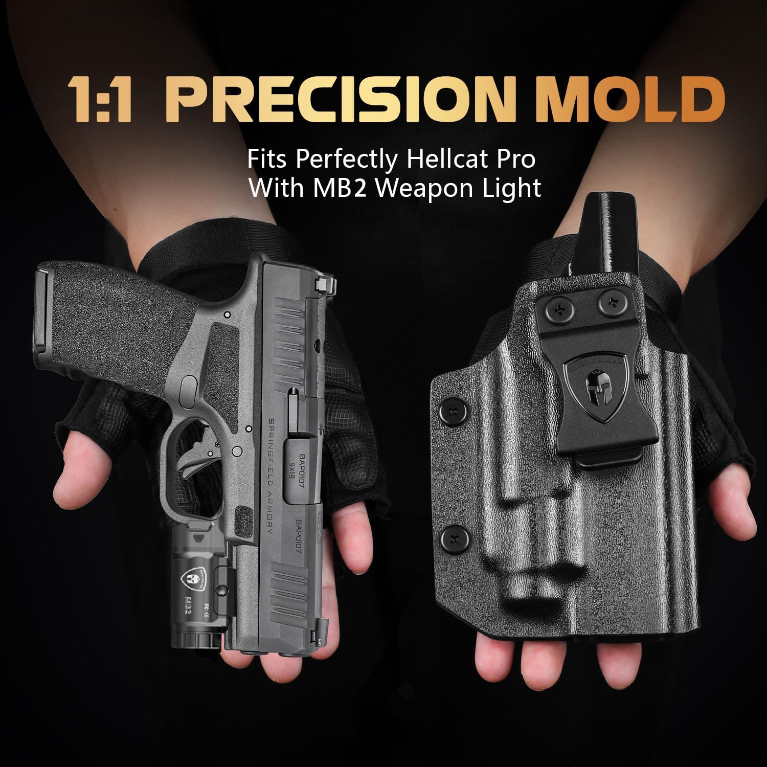 WARRIORLAND MB2 Pistol Light and Custom Kydex Holster, Fit for Springfield Hellcat Pro, Compact 500 Lumens Universal Rail Mounted Tactical Weapon Light with White LED Flashlight, Power Indicator - WARRIORLAND