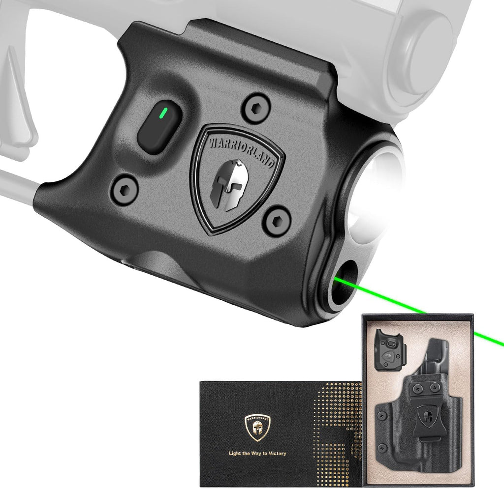WARRIORLAND Pistol Light Laser & Holster Fit for Springfield Hellcat 3″ MICRO-COMPACT, Compact 150-Lumen Trigger Mounted Tactical Weapon Light with Green Laser White LED & IWB Holster, Power Indicator - WARRIORLAND
