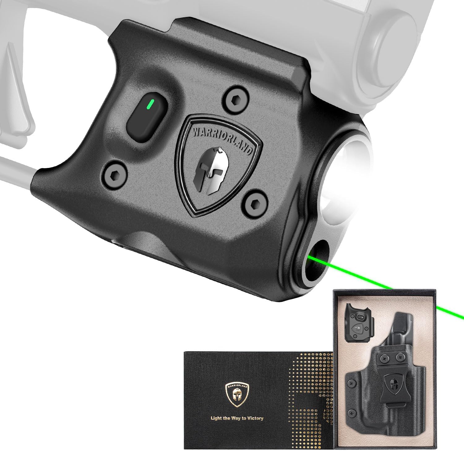 WARRIORLAND Pistol Light Laser & Holster Fit for Springfield Hellcat 3″ MICRO-COMPACT, Compact 150-Lumen Trigger Mounted Tactical Weapon Light with Green Laser White LED & IWB Holster, Power Indicator - WARRIORLAND