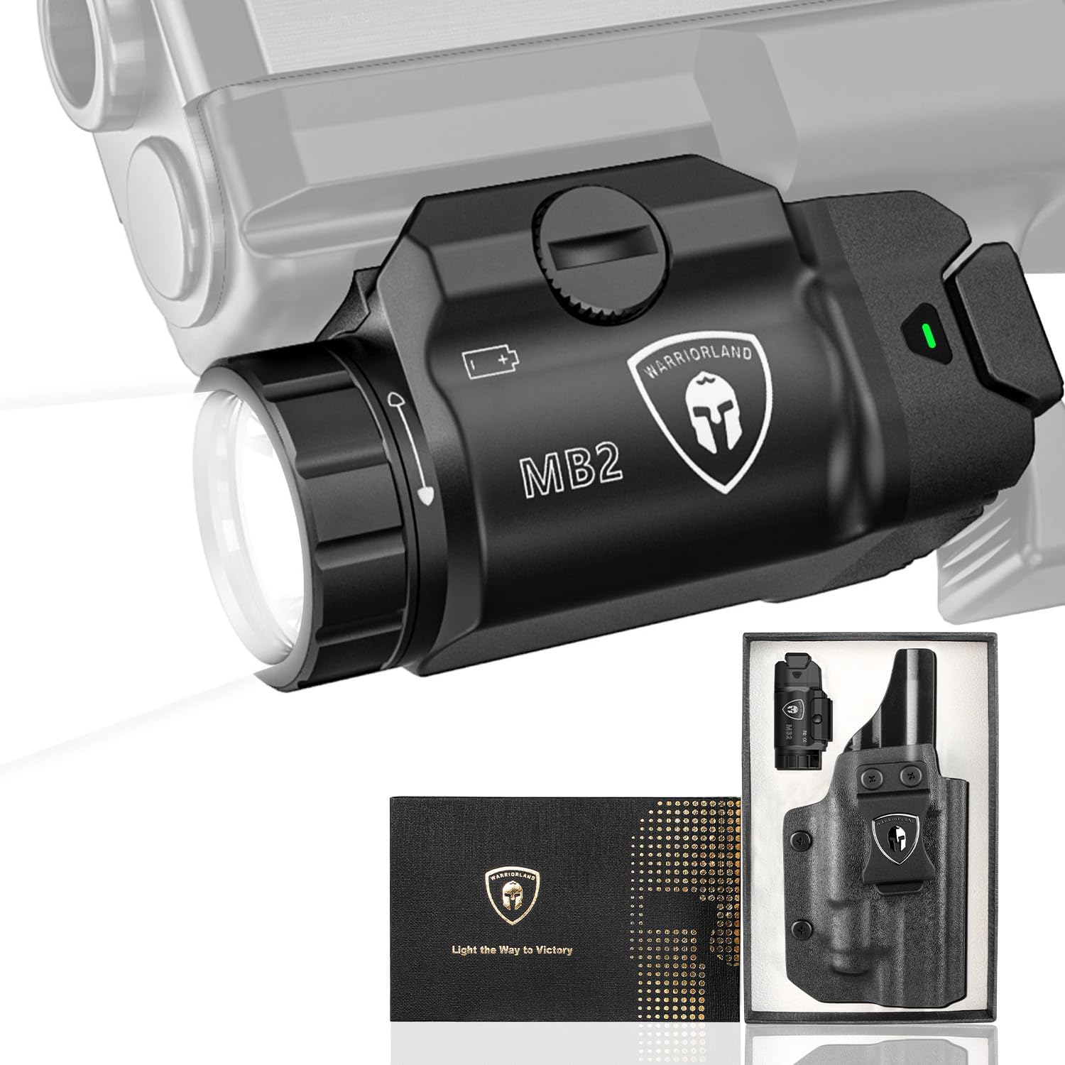 WARRIORLAND MB2 Pistol Light and Custom Kydex Holster, Fit for Springfield Hellcat Pro, Compact 500 Lumens Universal Rail Mounted Tactical Weapon Light with White LED Flashlight, Power Indicator - WARRIORLAND