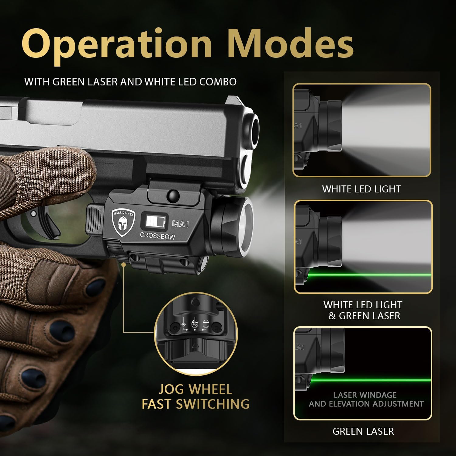WARRIORLAND MA1 Laser Light Combo Holster Fit for Hellcat Pro, 800-lumen LED Gun Flashlight and Green Laser Weapon Pistol Light & Right-Hand IWB Holster, Rechargeable | Screen Power Indicator - WARRIORLAND