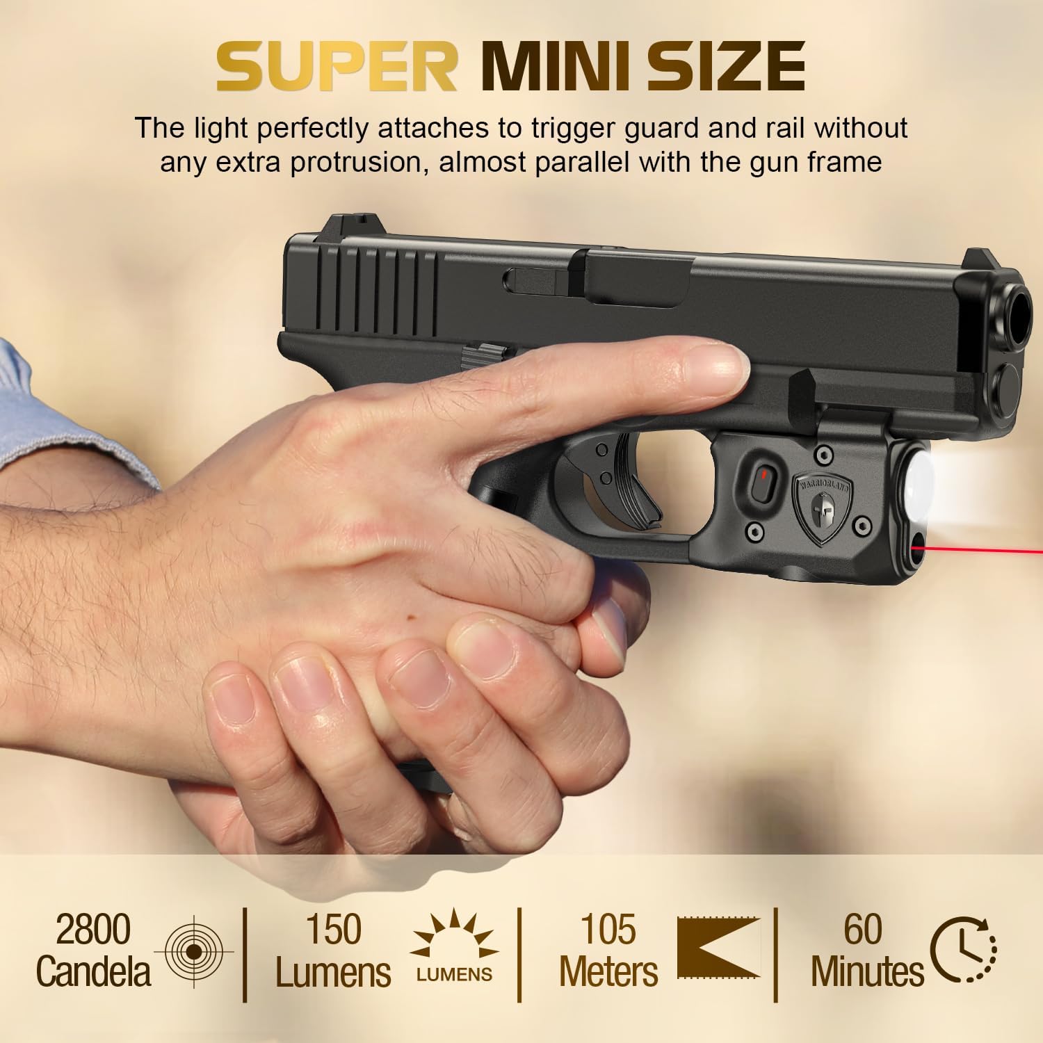 WARRIORLAND Pistol Light Laser Combo Fits Glock 17/19 Gen 3-5, Glock 22/23/31/32 Gen 3-4 & Glock 19X/44/45, Compact 150-Lumen Tactical Weapon Light with Red Laser & White LED Flashlight, SLL-104 - WARRIORLAND
