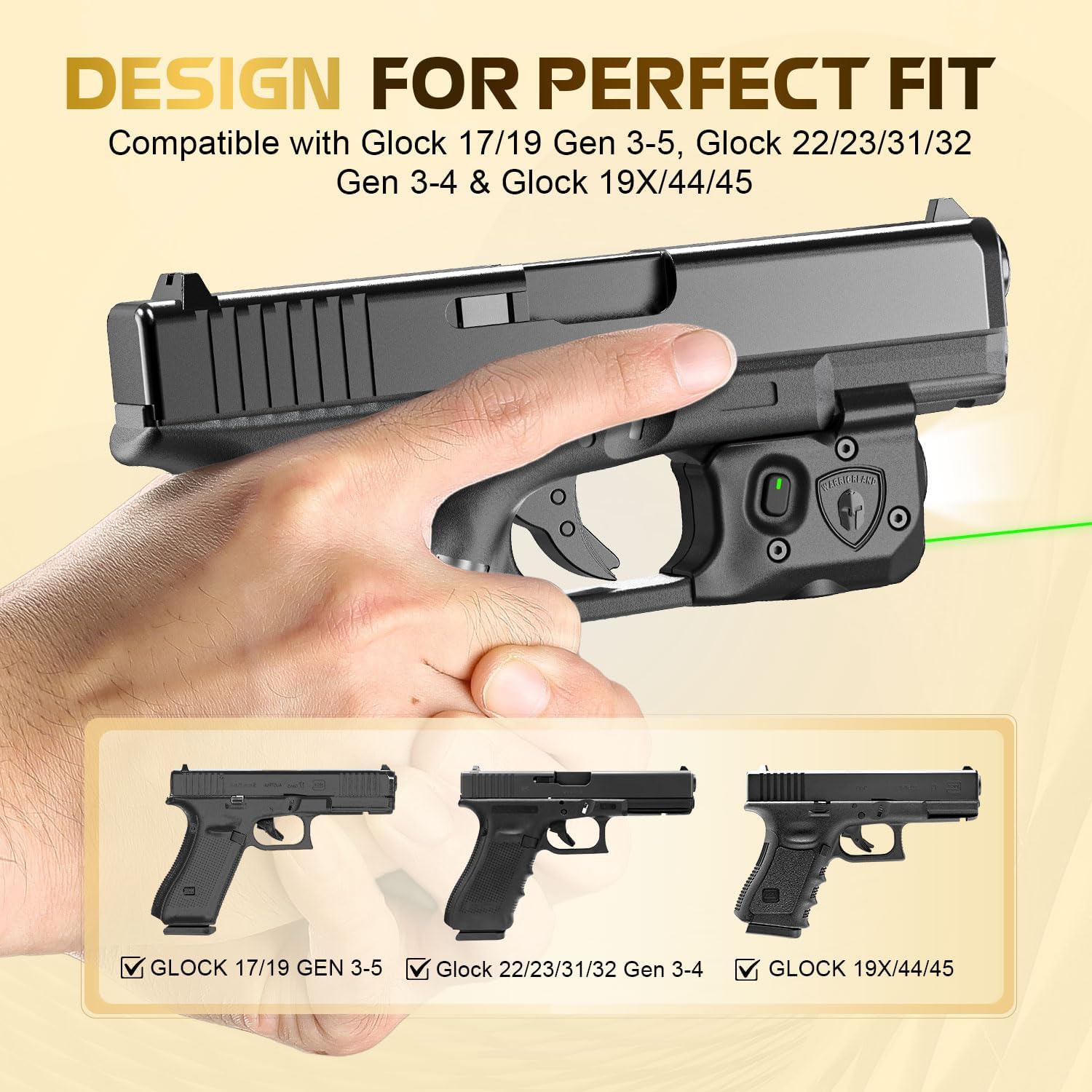 WARRIORLAND Pistol Light Laser Combo Fits Glock 17/19 Gen 3-5, Glock 22/23/31/32 Gen 3-4 & Glock 19X/44/45, Compact 150-Lumen Tactical Weapon Light with Green Laser & White LED Flashlight, SLL-104G - WARRIORLAND