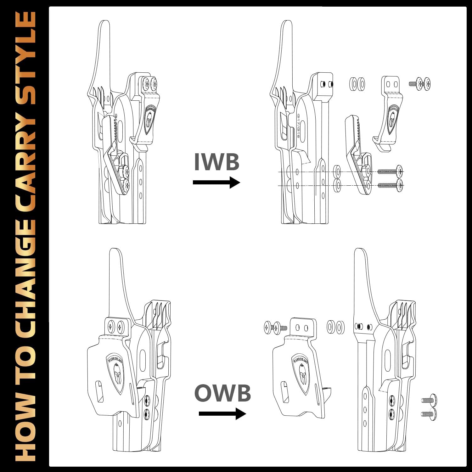 WARRIORLAND IWB & OWB Convertible Holster Optic Cut: Compatible with Glock 17/19/26/34 Gen3-5  G17/G19 Gen4 MOS  G17/G19/G26/G34 Gen5 MOS  19X  G23 Gen3-4  G32 Gen3-4  G44  G45  G45 MOS  Holster, with Claw,Adj Ride Height, Right Hand - WARRIORLAND