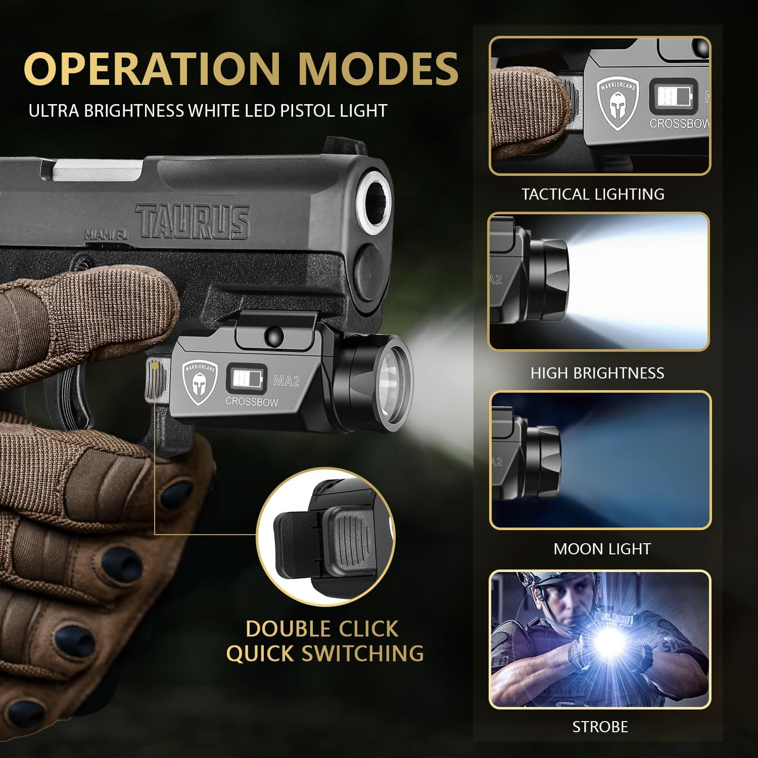 WARRIORLAND Crossbow MA2 Universal Rail Mounted 800 Lumens Tactical Light with Taurus G2C/G3C IWB Kydex Holster Combo, Magnetic USB Charging Pistol Light with Screen Displays Battery Status - WARRIORLAND