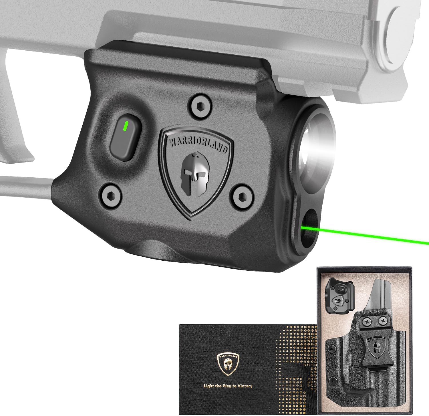 WARRIORLAND Pistol Light Laser & Holster Fit for Sig P365-XMACRO, Compact 150-Lumen Trigger Mounted Tactical Weapon Light with GreenLaser White LED Flashlight & IWB Holster, Power Indicator - WARRIORLAND