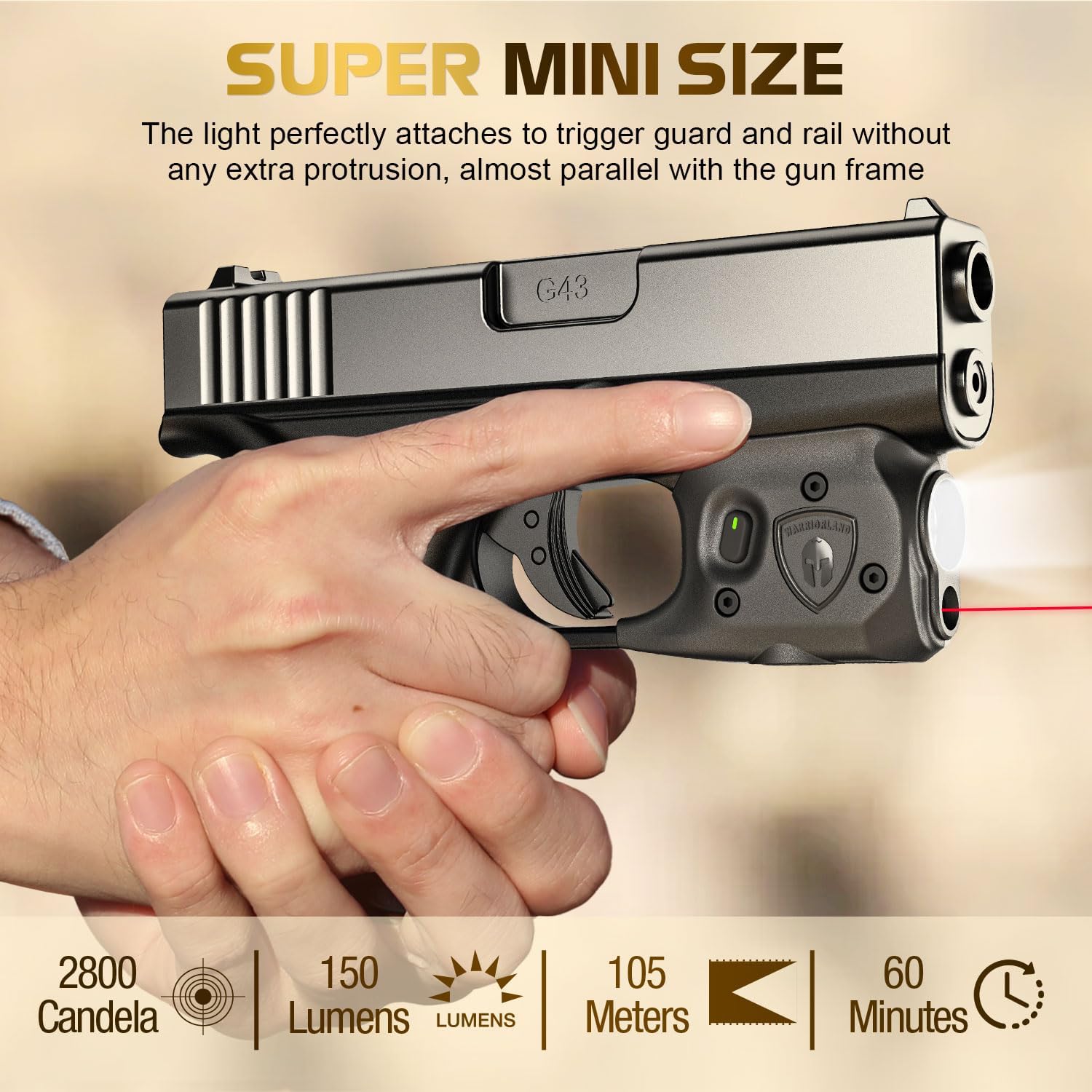 WARRIORLAND Pistol Light Laser Combo Fits Glock 42/43/43X/48 (No Rail), Compact 150-Lumen Trigger Mounted Tactical Weapon Light with Red Laser & White LED, Power Indicator & 3 Light Mode, SLL-105 - WARRIORLAND