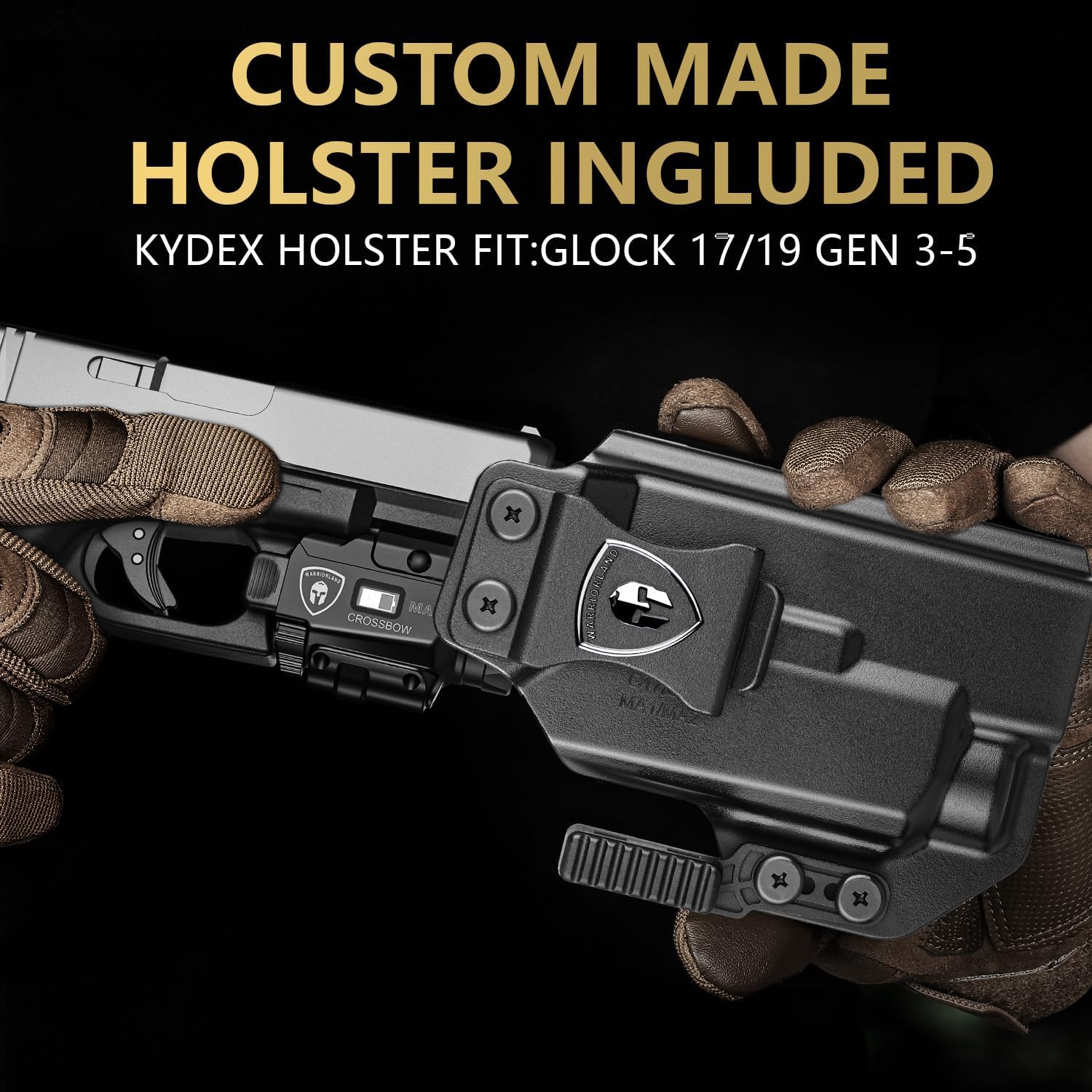 WARRIORLAND MA1 800 Lumens Rail Mounted Universal Pistol Light, Combo Custom Holster for Glock 17/19 Gen 3-5 & Glock 22/23 /31/32 Gen 3-4 & Glock 19X /44/45, Rechargeable | Screen Power Status - WARRIORLAND