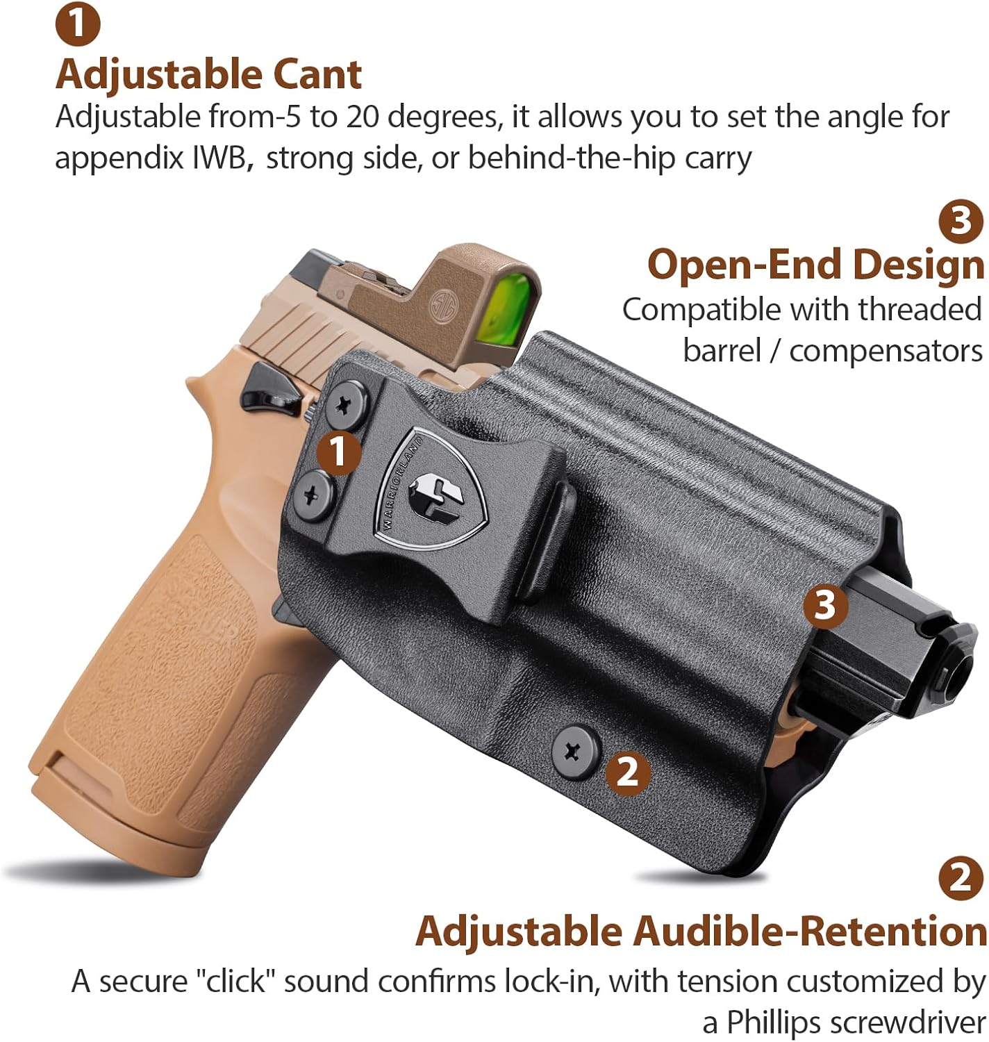 WARRIORLAND Kydex IWB Holster for Sig P320 Compact/XCompact/X-Carry/M18/M17/Full-Size/XFive Legion/DH3/AXG, Optics Cut, Adjustable Cant & Retention, Right Hand Concealed Carry - WARRIORLAND