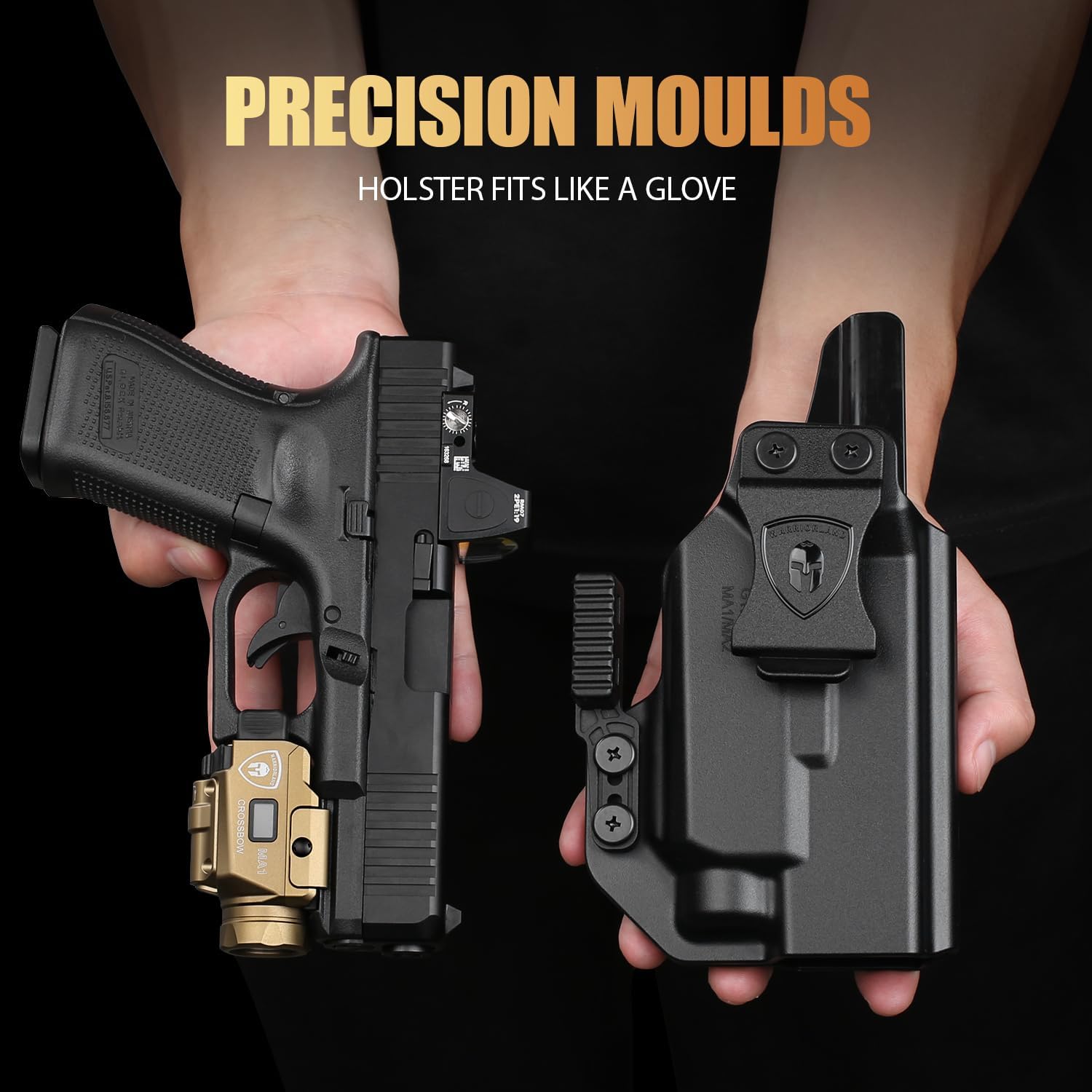 WARRIORLAND FDE MA1 800 Lumens Rail Mounted Universal Pistol Light, Combo Custom Holster for Glock 17/19 Gen 3-5 & Glock 34 Gen 4-5 & 18/19X/ 44/45 & MOS, Rechargeable | Screen Power Status - WARRIORLAND