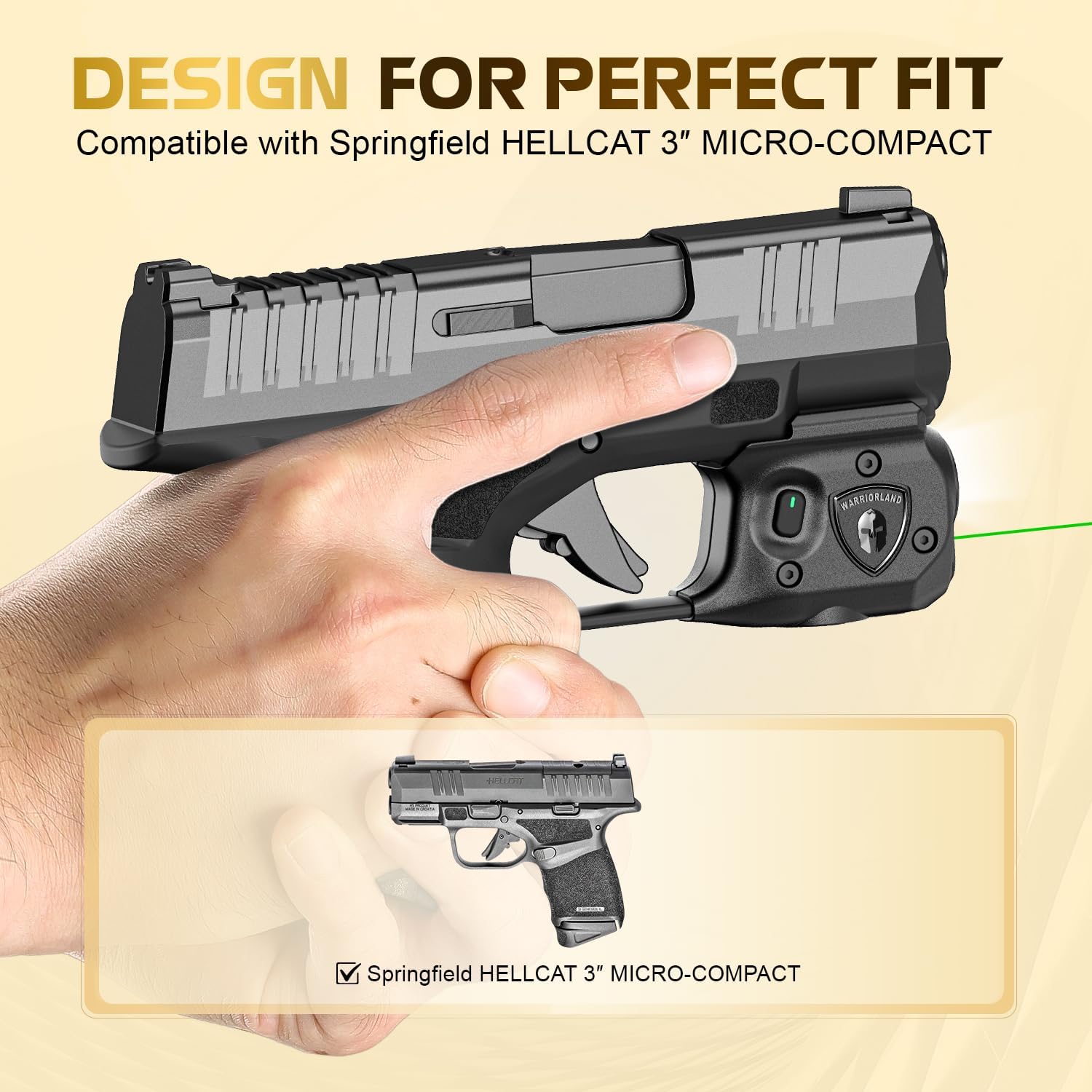 WARRIORLAND Pistol Light Laser & Holster Fit for Springfield Hellcat 3″ MICRO-COMPACT, Compact 150-Lumen Trigger Mounted Tactical Weapon Light with Green Laser White LED & IWB Holster, Power Indicator - WARRIORLAND