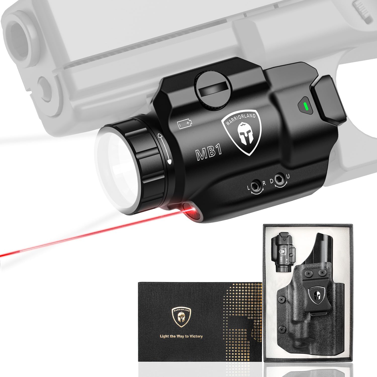 WARRIORLAND MB1 Pistol Light and Custom Kydex Holster, Fit for S&W SD9 VE/SD40 VE, Compact 500 Lumens Universal Rail Mounted Tactical Weapon Light with Red Laser & White LED, Power Indicator - WARRIORLAND