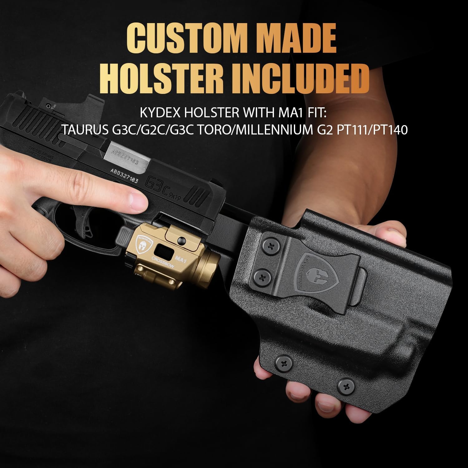 WARRIORLAND 800-Lumen FDE MA1 Pistol Laser LED Light & Holster Combo, Fit for Taurus G3C/G2C/G3C Toro / /Millennium G2 PT111/PT140, Magnetic USB Rechargeable | Screen Power Status - WARRIORLAND