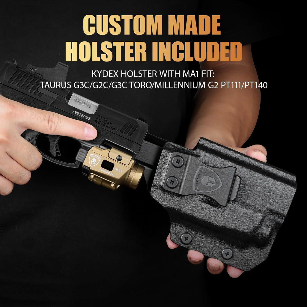 WARRIORLAND 800-Lumen FDE MA1 Pistol Laser LED Light & Holster Combo, Fit for Taurus G3C/G2C/G3C Toro / /Millennium G2 PT111/PT140, Magnetic USB Rechargeable | Screen Power Status - WARRIORLAND