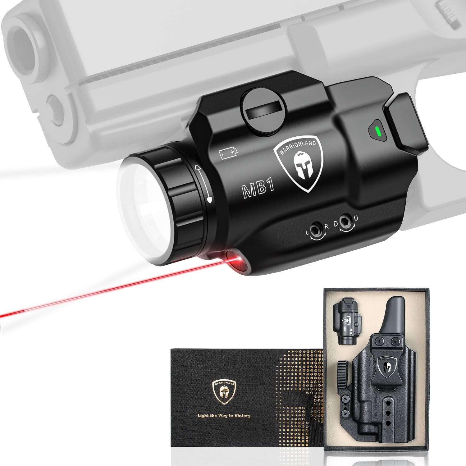 WARRIORLAND MB1 500 Lumens Portable Universal Rail Mounted Weapon Light - Red Laser & White LED Combo with Glock 17/19 Claw Holster - Three Operation Modes & Power Indicator MB1w/Glock G17/G19 - WARRIORLAND
