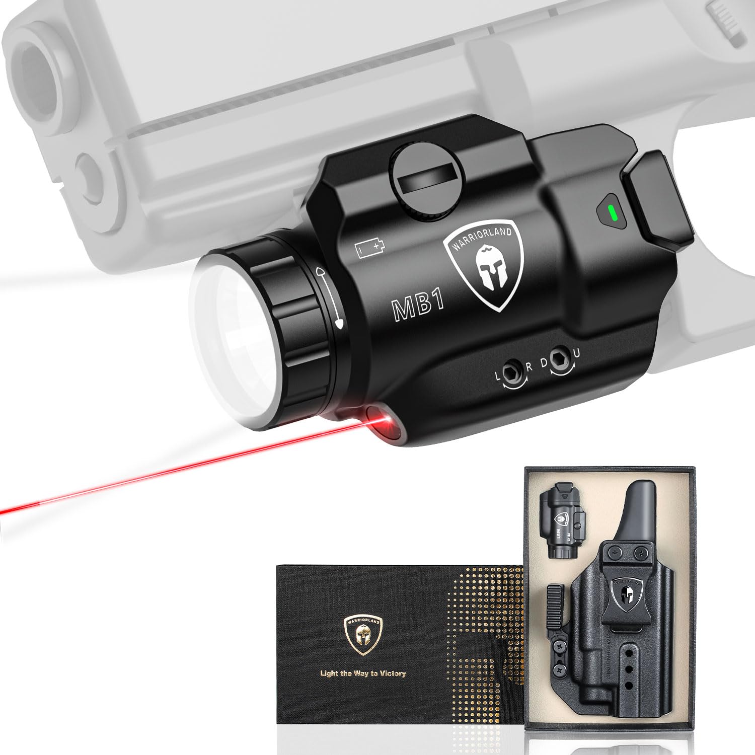 WARRIORLAND MB1 500 Lumens Portable Universal Rail Mounted Weapon Light - Red Laser & White LED Combo with Glock 17/19 Claw Holster - Three Operation Modes & Power Indicator MB1w/Glock G17/G19 - WARRIORLAND