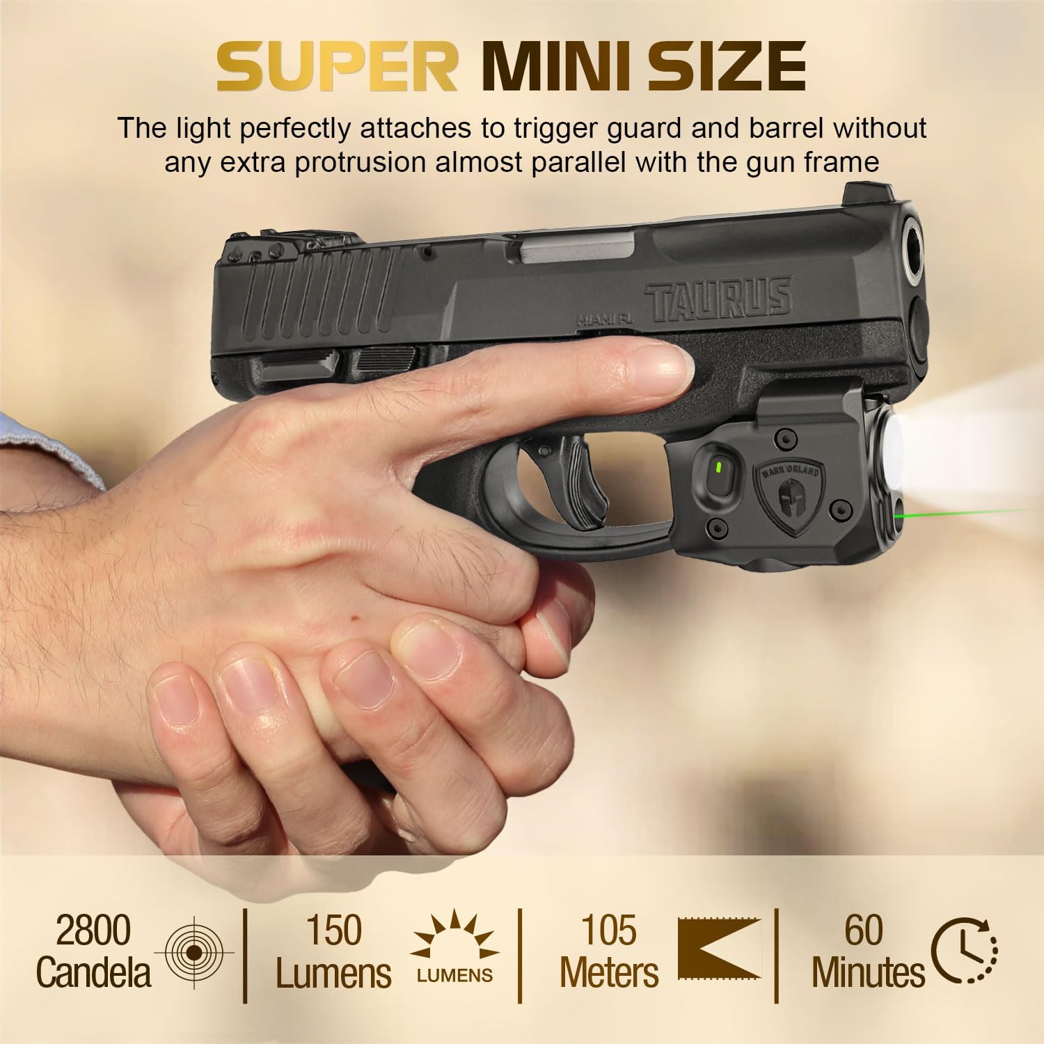 WARRIORLAND Pistol Light Laser Combo Fits Taurus G2C /G3C /Millennium PT111 G2 / PT140 G2/Taurus G3, Compact 150-Lumen Trigger & Rail Mounted Tactical Weapon Light, Green Laser & White LED Flashlight, SLL-101G - WARRIORLAND