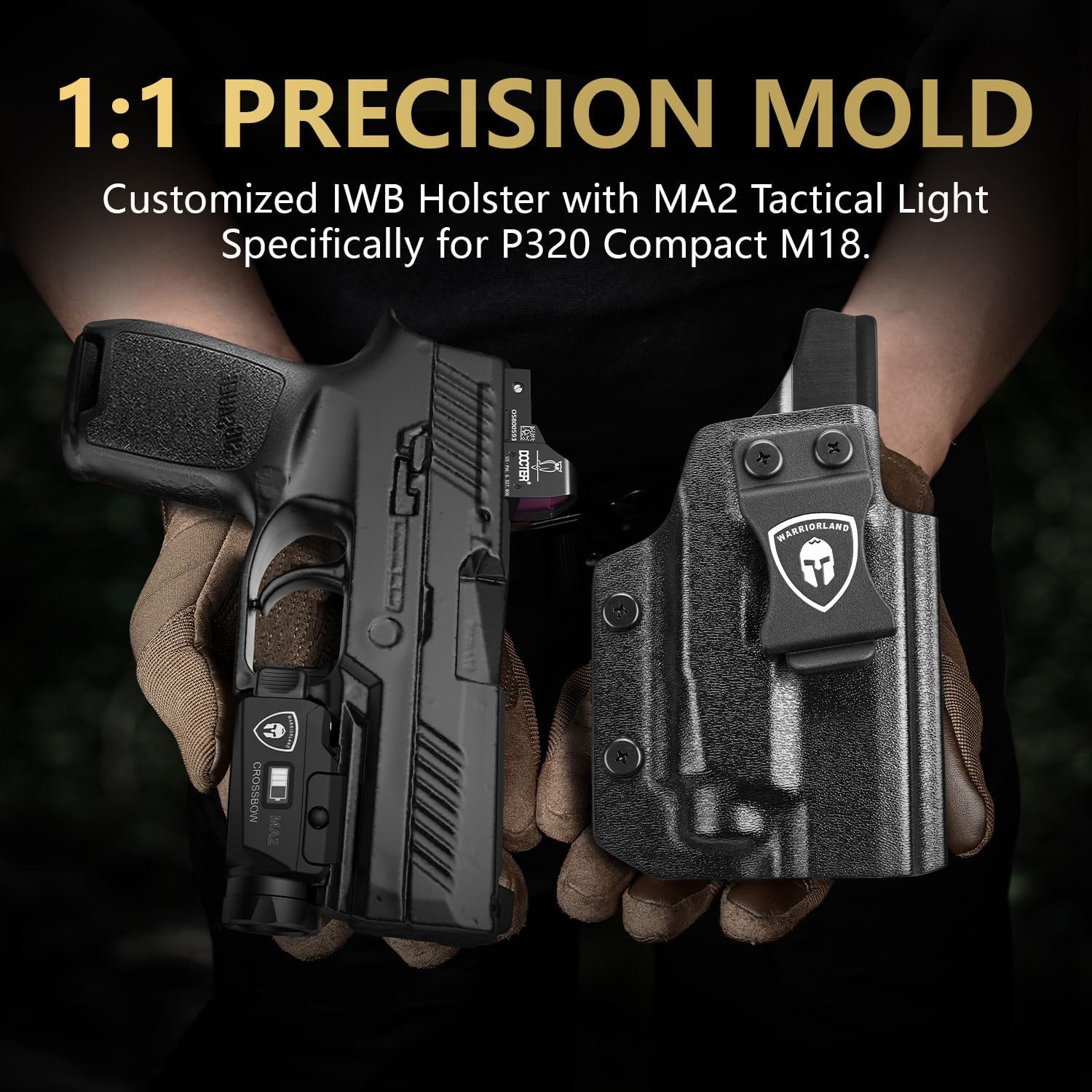 WARRIORLAND Crossbow MA2 Universal Rail Mounted 800 Lumens Pistol Light with P320 Compact M18 IWB Kydex Holster Combo, Magnetic USB Charging Tactical Light with Screen Displays Battery Status - WARRIORLAND