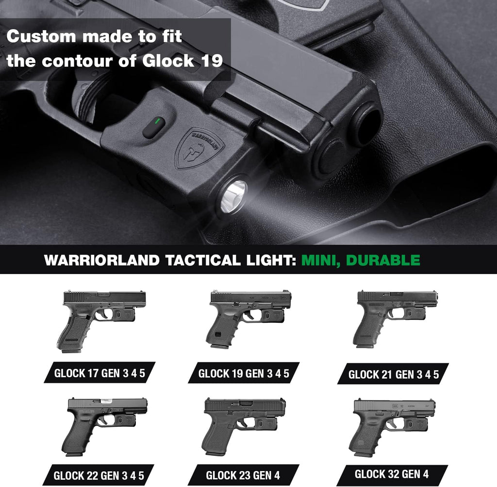 WARRIORLAND Mini Pistol Light with Kydex Holster Tailored Made Compatible with Glock 17/19/21/22 Gen 3 4 5 & G23/32 Gen 4 Pistol, 150 Lumen Glock Railed Handgun Light, LED Tactical Flashlight SL-1 - WARRIORLAND