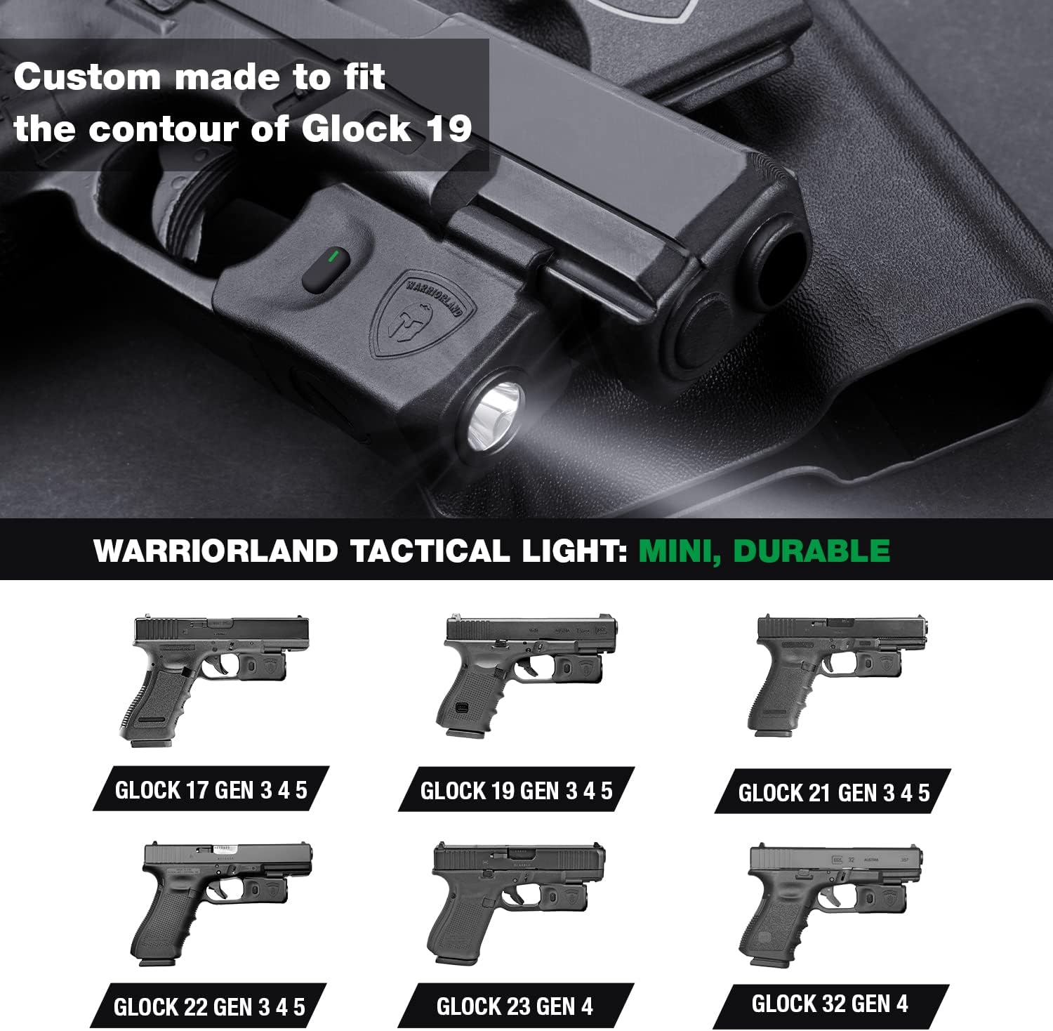 WARRIORLAND Mini Pistol Light with Kydex Holster Tailored Made Compatible with Glock 17/19/21/22 Gen 3 4 5 & G23/32 Gen 4 Pistol, 150 Lumen Glock Railed Handgun Light, LED Tactical Flashlight SL-1 - WARRIORLAND