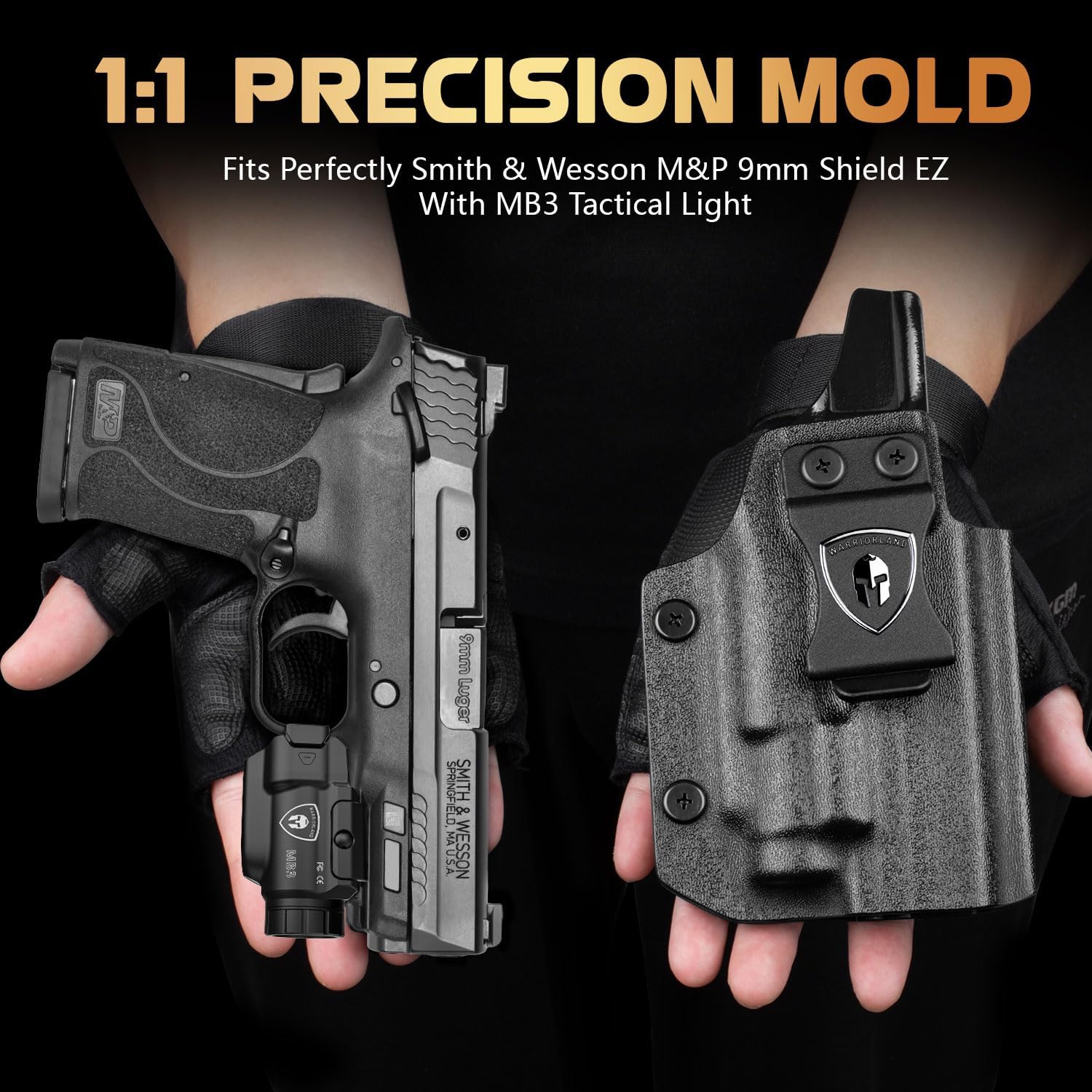 WARRIORLAND MB3 Pistol Light and Custom Kydex Holster, Fit for M&P 9mm Shield EZ, Compact 500 Lumens Universal Rail Mounted Tactical Weapon Light with Green Laser & White LED, Power Indicator - WARRIORLAND