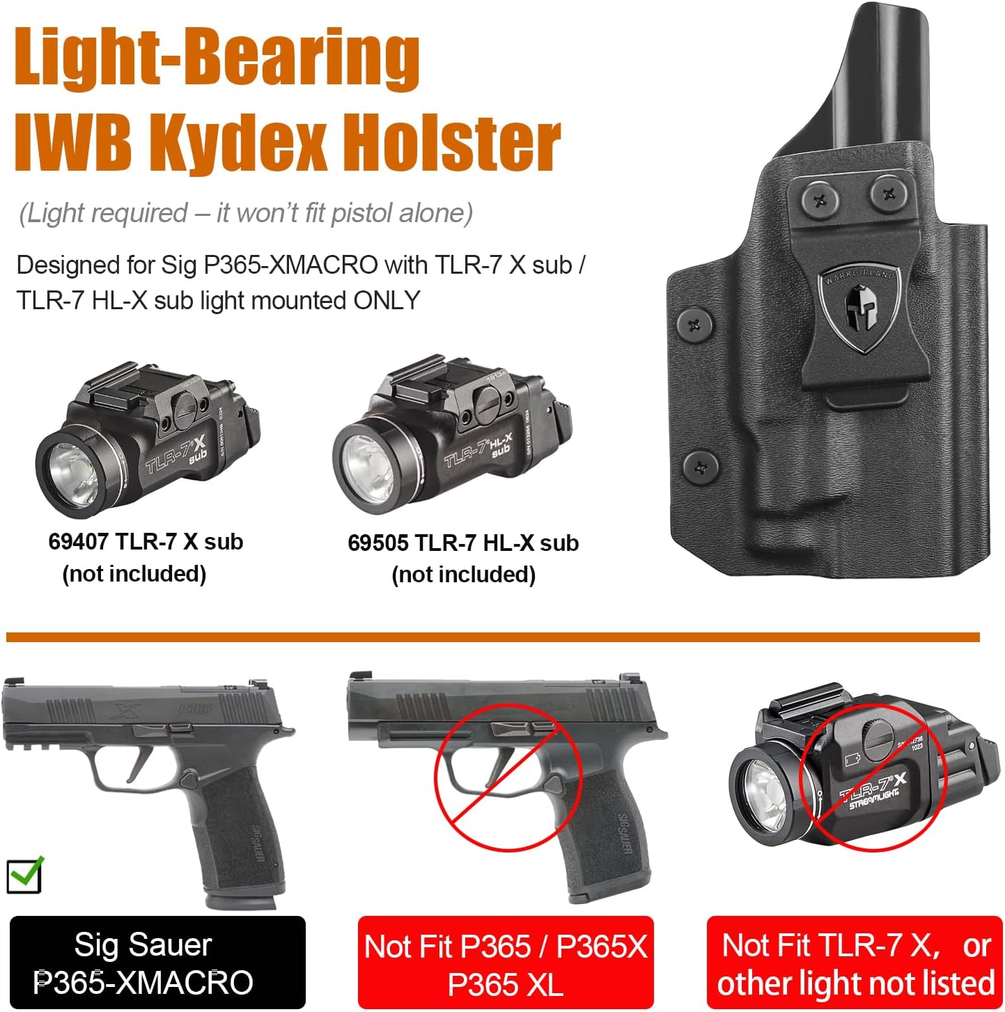 WARRIORLAND IWB Kydex Holster for Sig P365-XMACRO with TLR-7 X Sub or TLR-7 HL-X Sub, Light-Bearing Design, Optics Cut, Adjustable Cant & Posi-Click Retention, Right Hand Draw - WARRIORLAND