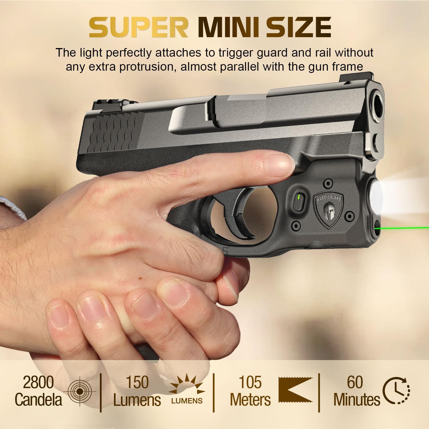 WARRIORLAND Pistol Light Laser Combo Fits S&W M&P Shield M2.0 9mm/.40, Compact 150-Lumen Trigger Mounted Tactical Weapon Light with Green Laser & White LED, Power Indicator & 3 Light Mode Options - WARRIORLAND