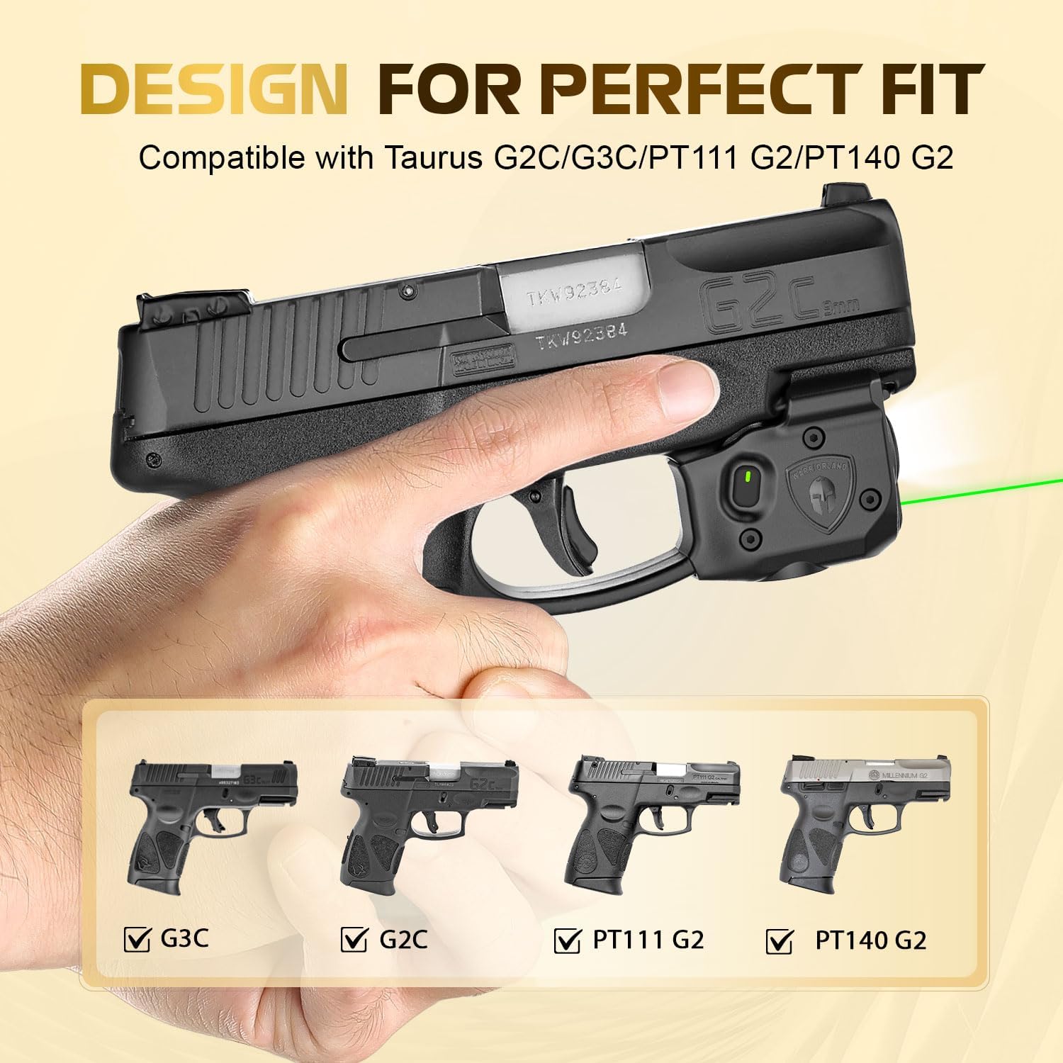 WARRIORLAND Pistol Light Laser & Holster Fit for Taurus G2C/ G3C/ PT111 G2 / PT140 G2, Compact 150-Lumen Trigger Mounted Tactical Weapon Light with Green Laser White LED & IWB Holster, Power Indicator - WARRIORLAND