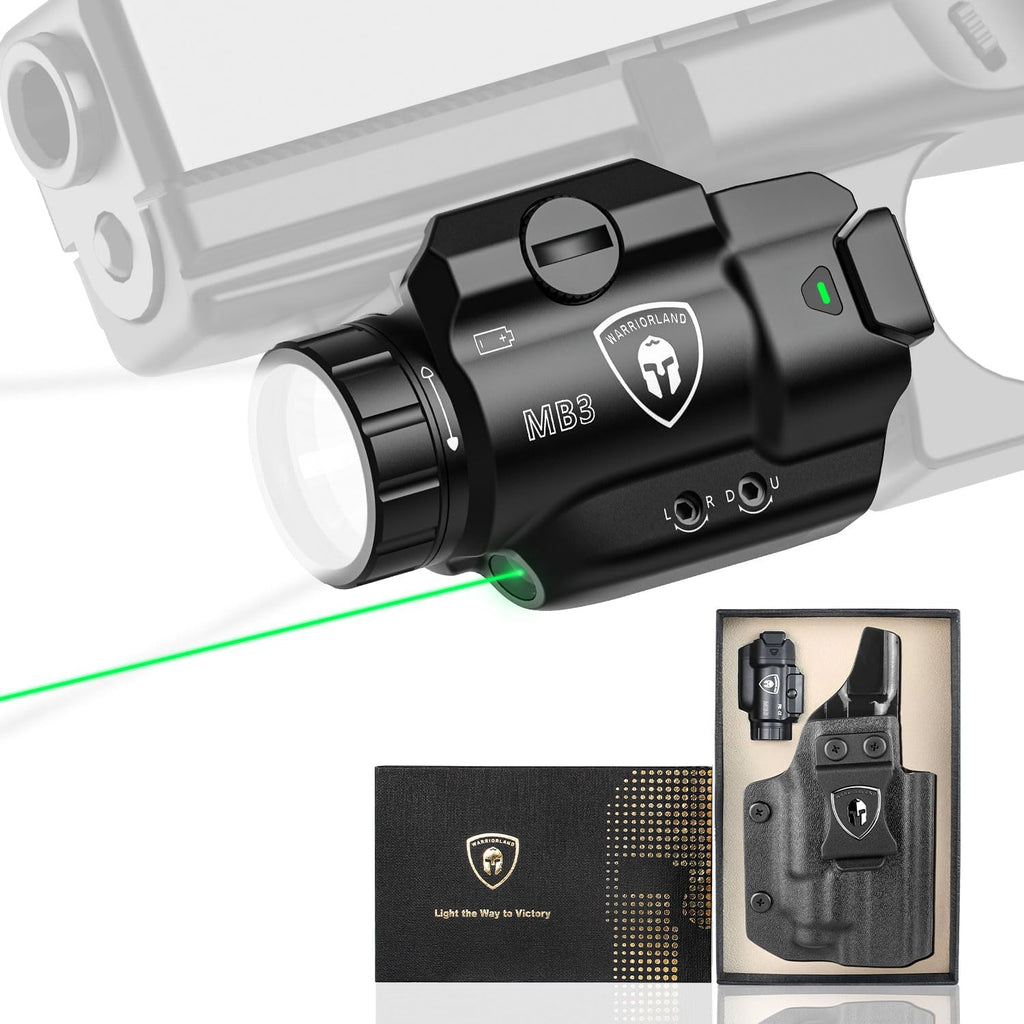 WARRIORLAND MB3 Pistol Light and Custom Kydex Holster, Fit for M&P 9mm Shield EZ, Compact 500 Lumens Universal Rail Mounted Tactical Weapon Light with Green Laser & White LED, Power Indicator - WARRIORLAND