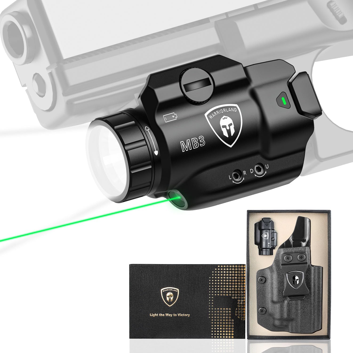 WARRIORLAND MB3 Pistol Light and Custom Kydex Holster, Fit for M&P 9mm Shield EZ, Compact 500 Lumens Universal Rail Mounted Tactical Weapon Light with Green Laser & White LED, Power Indicator - WARRIORLAND