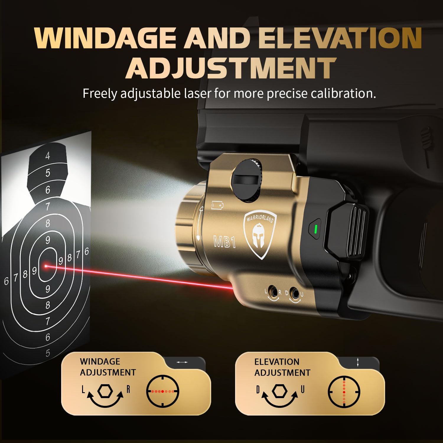 WARRIORLAND FDE MB1 Pistol Light & Holster Combo, Fit for Glock 20/21/22 Gen 3-5 & Glock 34 Gen 4, Compact 500-Lumen Rail Mounted Tactical Weapon Light with Red Laser & White LED, Power Indicator - WARRIORLAND