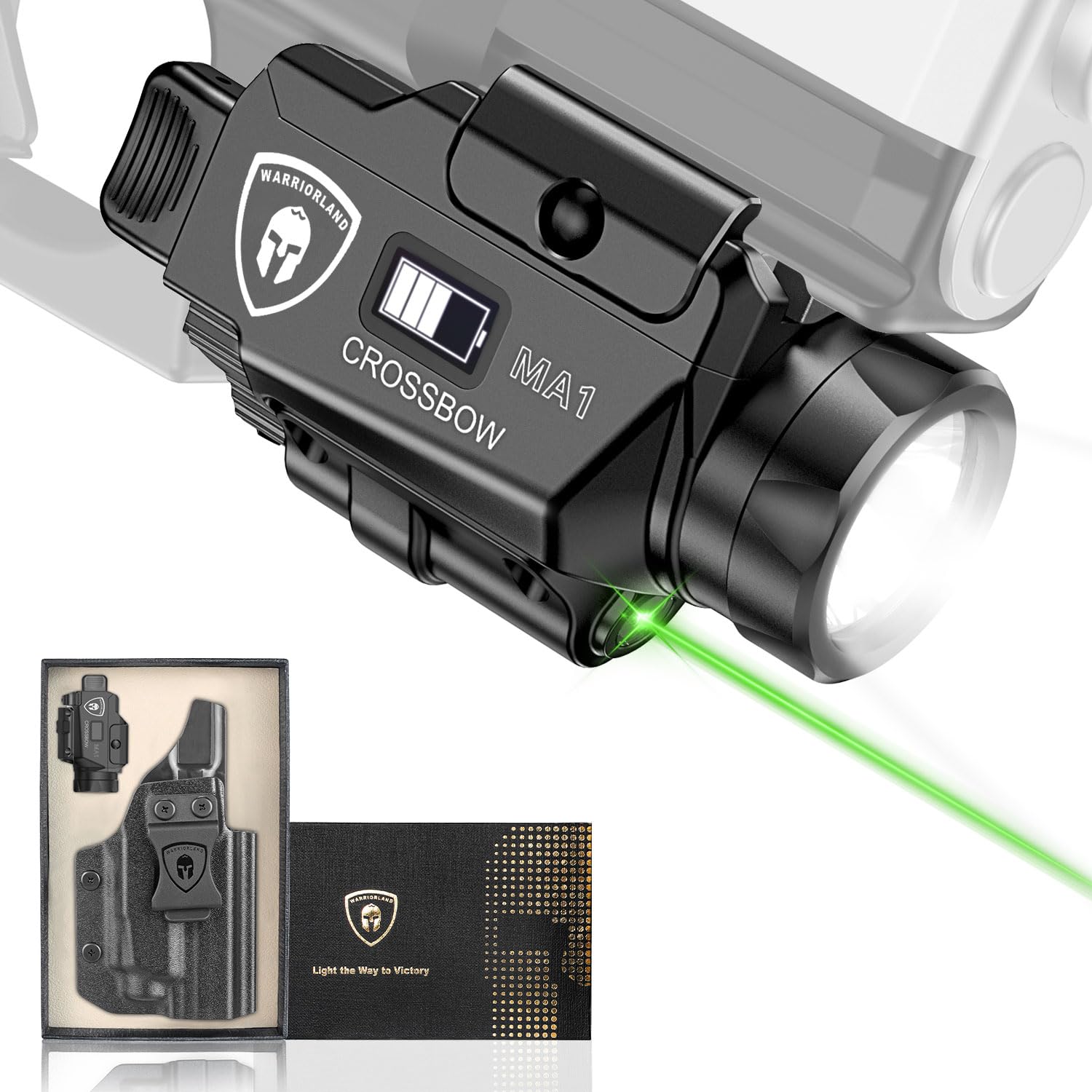 WARRIORLAND MA1 Laser Light Combo Holster Fit for M&P 9mm Shield EZ, 800-lumen LED Gun Flashlight and Green Laser Weapon Pistol Light & Right-Hand IWB Holster, Rechargeable | Screen Power Indicator - WARRIORLAND