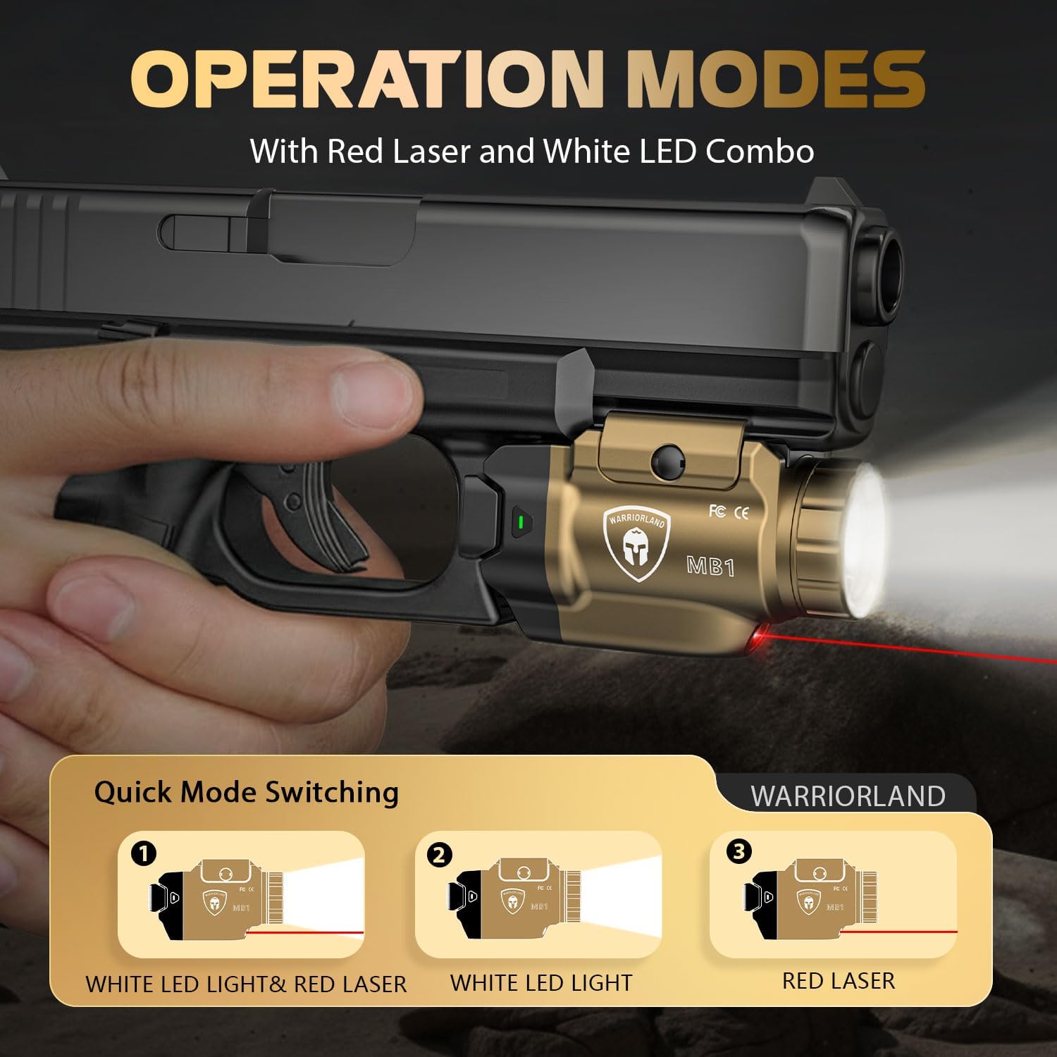 WARRIORLAND FDE MB1 Pistol Light & Holster Combo, Fit for Glock 20/21/22 Gen 3-5 & Glock 34 Gen 4, Compact 500-Lumen Rail Mounted Tactical Weapon Light with Red Laser & White LED, Power Indicator - WARRIORLAND