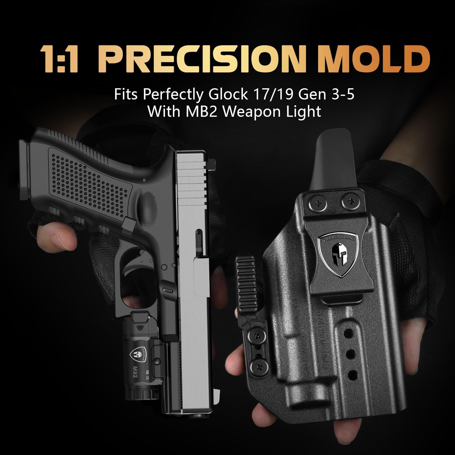WARRIORLAND 500 Lumen White LED Tactical Light with Glock 17/19 Polymer Claw Holster Combo-Compact Rail Mounted Weapon Light,with Battery Included (MB2/Glock 17/19) - WARRIORLAND
