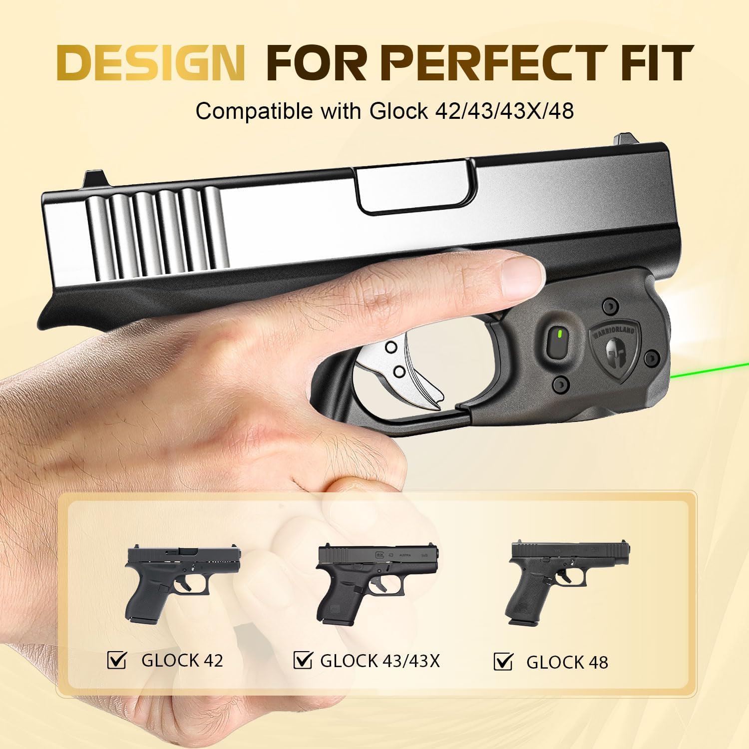 WARRIORLAND Pistol Light Laser Combo Fits Glock 42/43/43X/48 (No Rail), Compact 150-Lumen Trigger Mounted Tactical Weapon Light with Green Laser & White LED, Power Indicator & 3 Light Mode, SLL-105G - WARRIORLAND