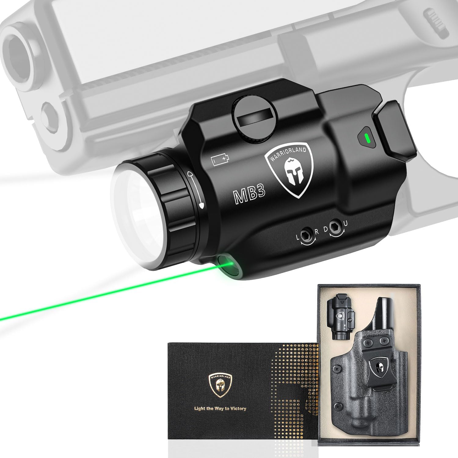 WARRIORLAND MB3 Pistol Light and Kydex Holster with Claw, Fits Taurus G2C/G3C/PT111 G2/PT140 G2, Compact 500-Lumen Universal Rail Mounted Tactical Weapon Light with Green Laser &White LED Flashlight - WARRIORLAND