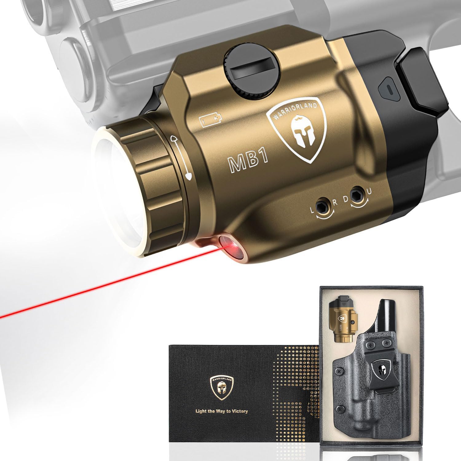 WARRIORLAND 500-Lumen FDE MB1 Pistol Light and IWB Kydex Holster, Fit for Springfield Hellcat Pro, Rail Mounted Tactical Weapon Light with Red Laser & White LED, Power Indicator - WARRIORLAND