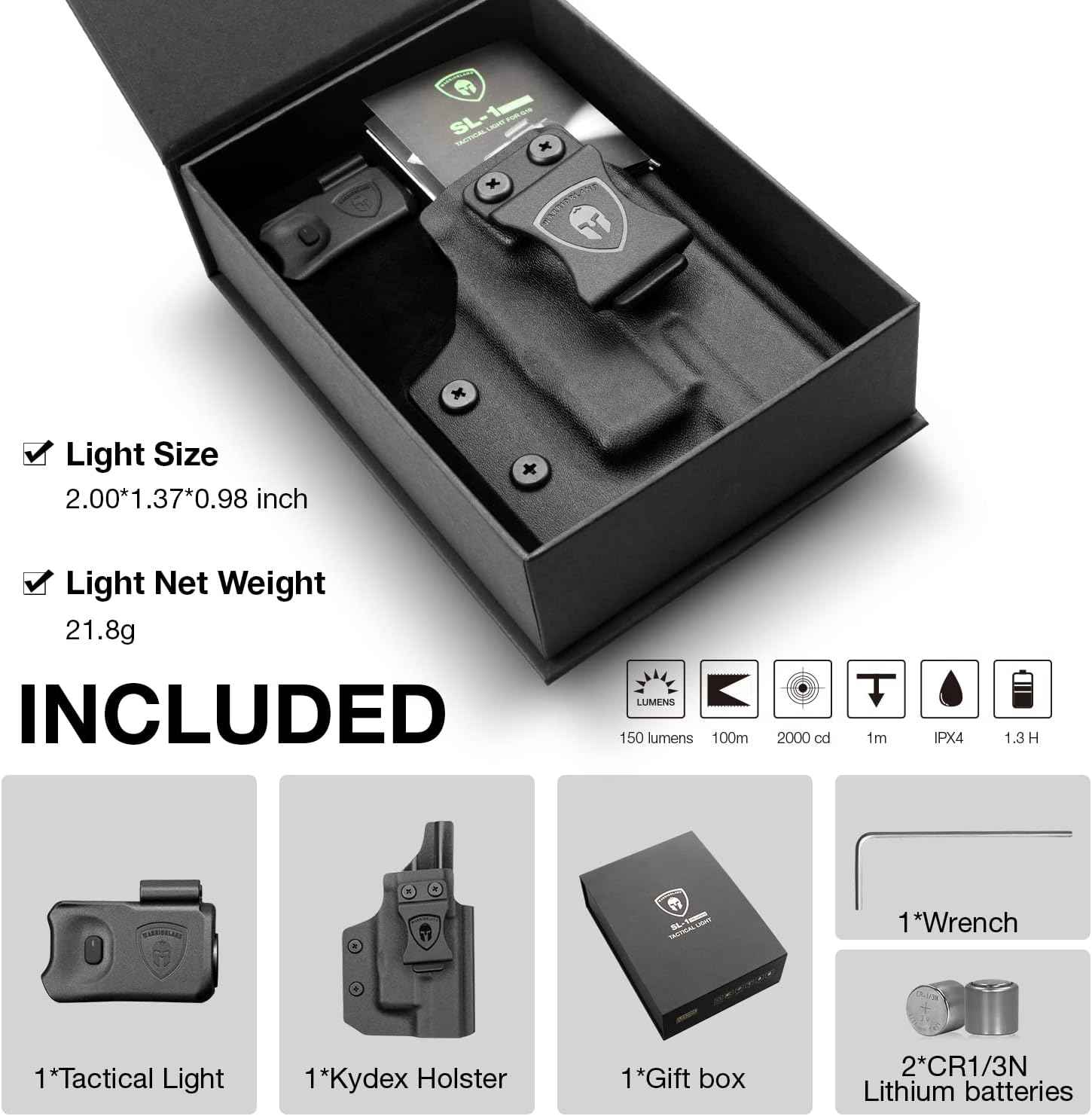 WARRIORLAND Mini Pistol Light with Kydex Holster Tailored Made Compatible with Glock 17/19/21/22 Gen 3 4 5 & G23/32 Gen 4 Pistol, 150 Lumen Glock Railed Handgun Light, LED Tactical Flashlight SL-1 - WARRIORLAND