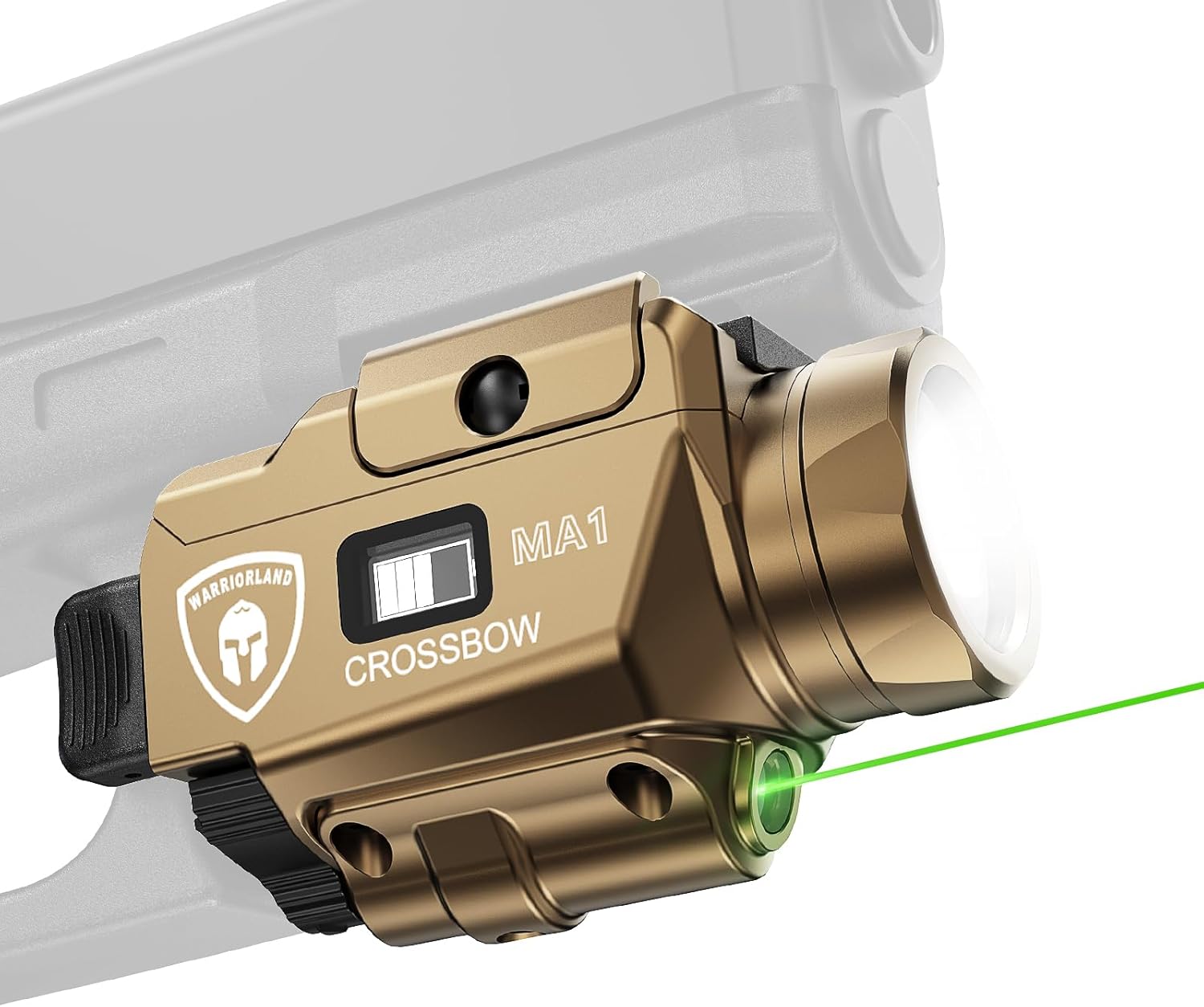 WARRIORLAND Compact MA1 800-Lumen Pistol Light FDE, Fits G17/ G19 / P320/ G2C/ Hellcat Pro/Echelon and Other 100+ Models, with Green Laser White LED Combo, Tactical Flashlight with Battery Indicator - WARRIORLAND