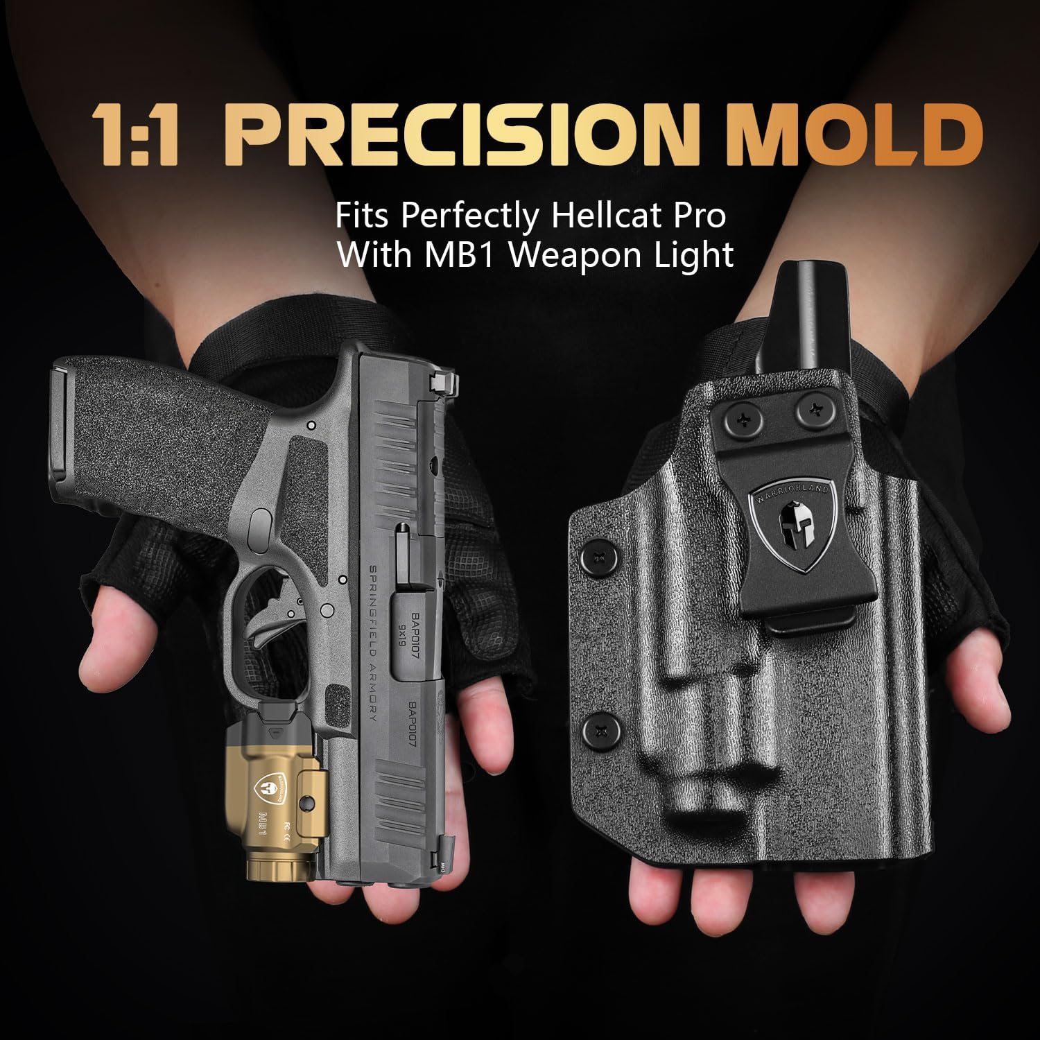 WARRIORLAND 500-Lumen FDE MB1 Pistol Light and IWB Kydex Holster, Fit for Springfield Hellcat Pro, Rail Mounted Tactical Weapon Light with Red Laser & White LED, Power Indicator - WARRIORLAND
