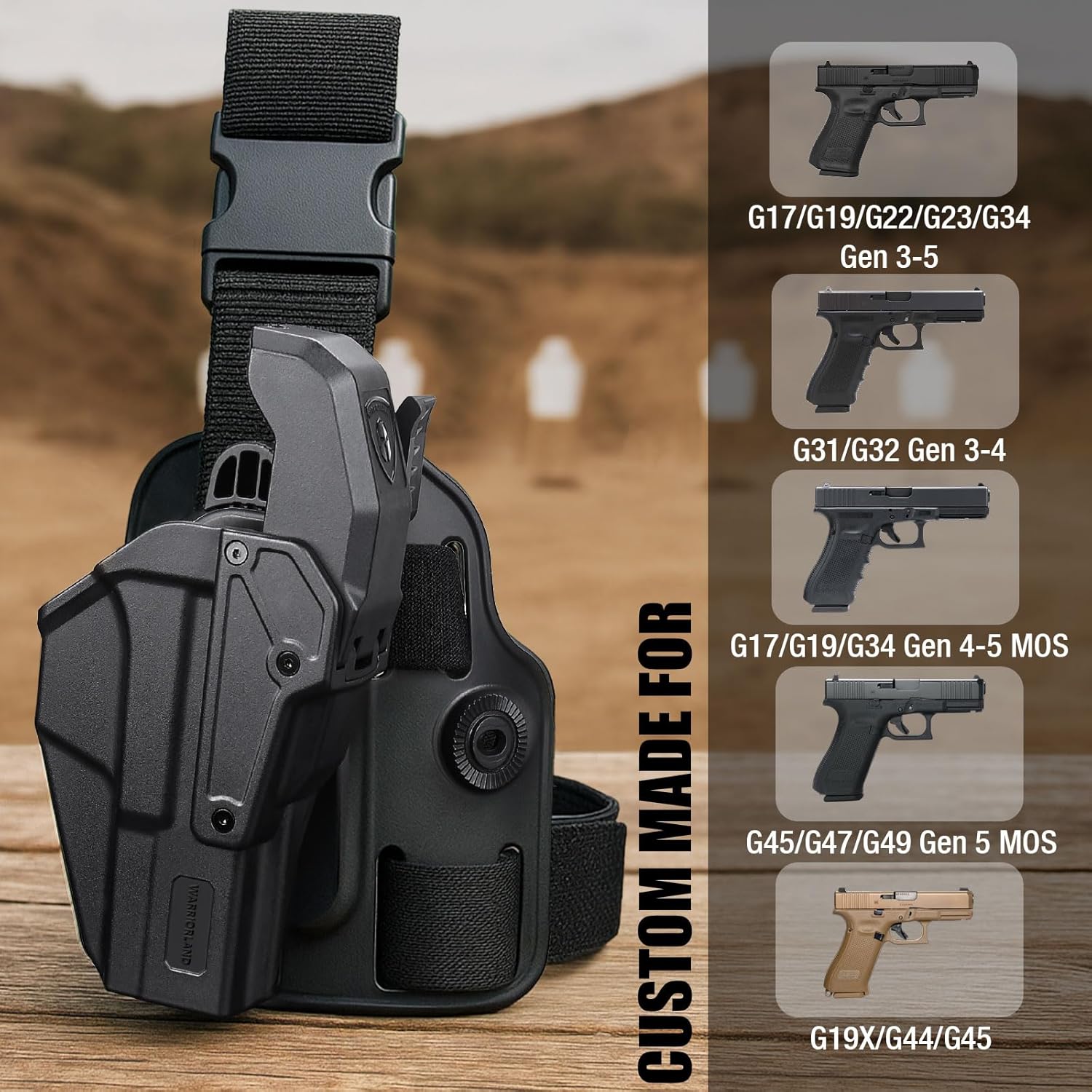 WARRIORLAND Level 2 Drop Leg Holster for 17/19/ 22/23/34 Gen 3-5 & G31/32 Gen 3-4 & 19X/44/45/47/49 & MOS Version, Optic Cut with RDS Cover, Tactical Thigh Holster with Adj. Heigh, Open Muzzle Design - WARRIORLAND
