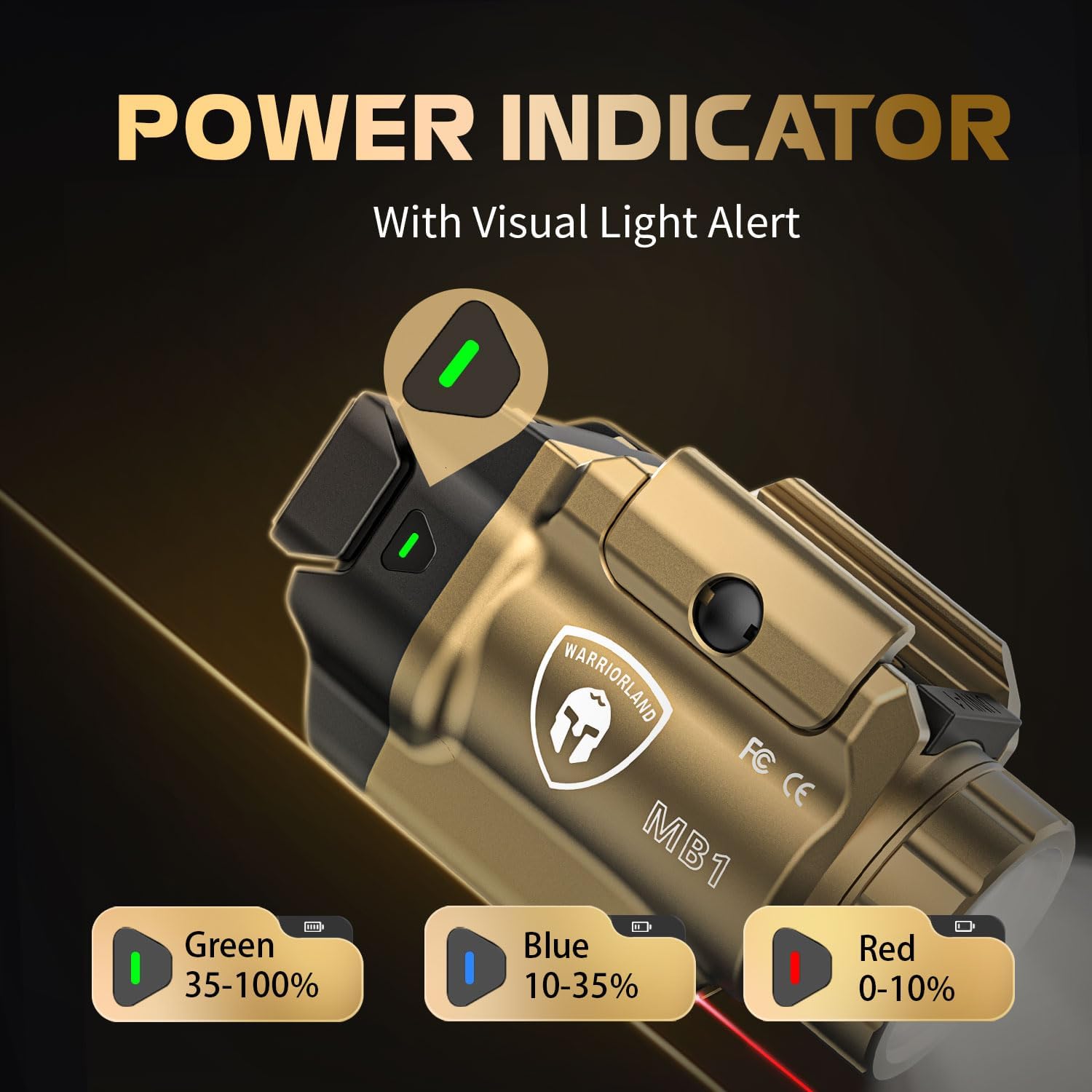 WARRIORLAND 500-Lumen FDE MB1 Pistol Light and IWB Kydex Holster, Fit for Springfield Hellcat Pro, Rail Mounted Tactical Weapon Light with Red Laser & White LED, Power Indicator - WARRIORLAND