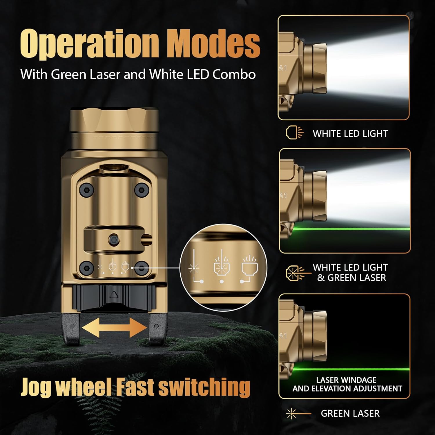WARRIORLAND Compact MA1 800-Lumen Pistol Light FDE, Fits G17/ G19 / P320/ G2C/ Hellcat Pro/Echelon and Other 100+ Models, with Green Laser White LED Combo, Tactical Flashlight with Battery Indicator - WARRIORLAND