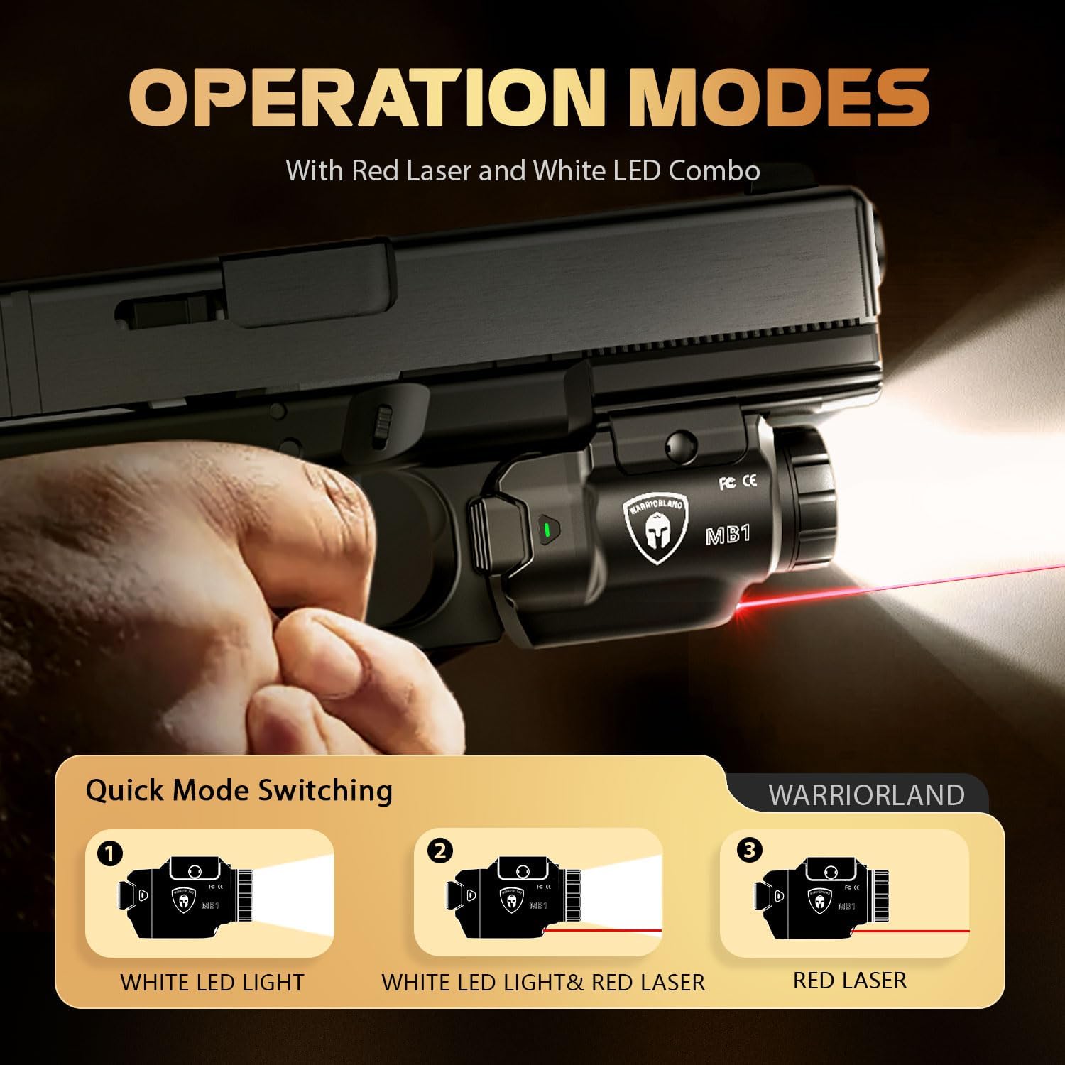 WARRIORLAND MB1 Pistol Light and Custom Holster Combo, Fit for Glock 21, Compact 500 Lumens Universal Rail Mounted Tactical Weapon Light with Red Laser & White LED, Power Indicator, 3 Operation Modes - WARRIORLAND