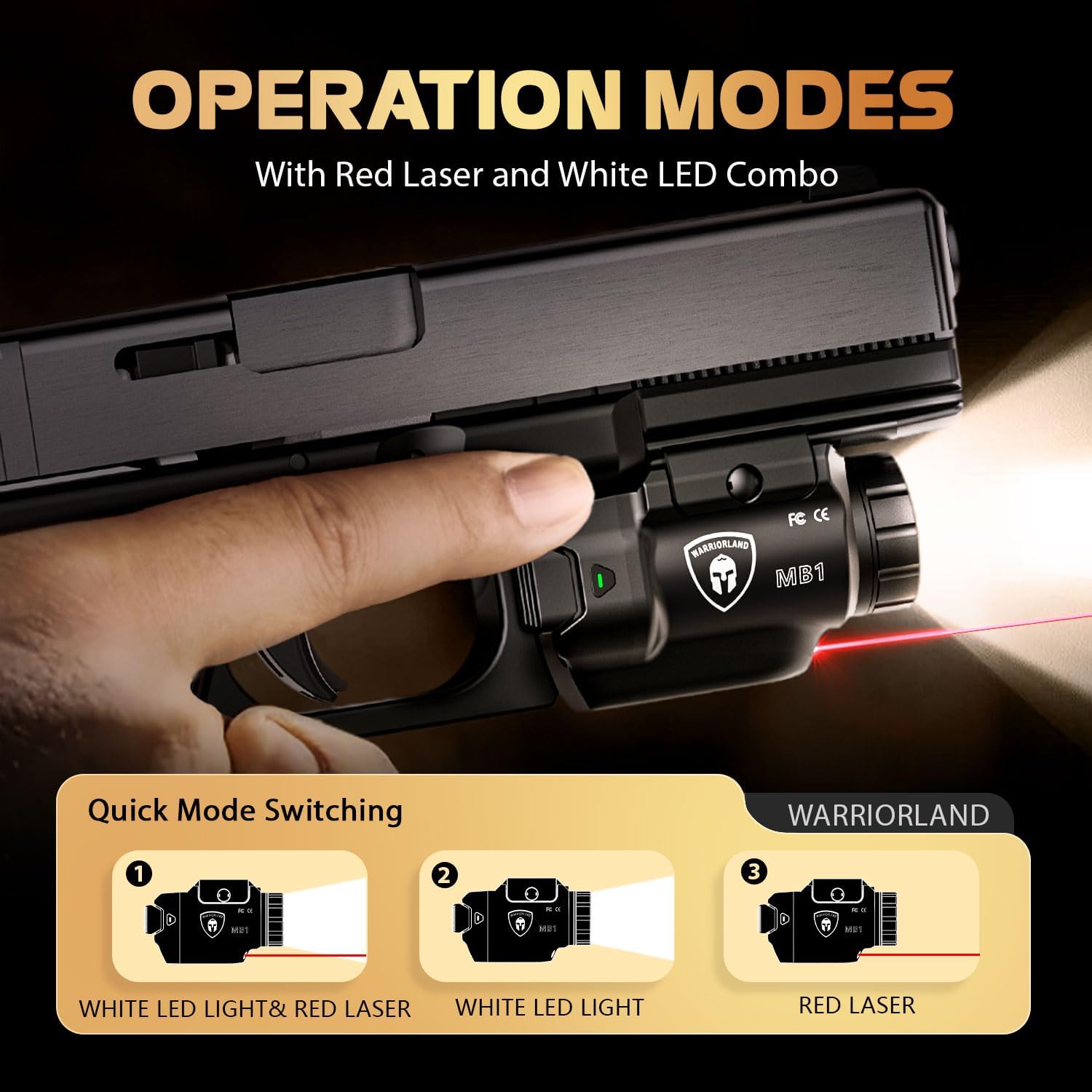 WARRIORLAND MB1 500 Lumens Portable Universal Rail Mounted Weapon Light - Red Laser & White LED Combo with Glock 17/19 Claw Holster - Three Operation Modes & Power Indicator MB1w/Glock G17/G19 - WARRIORLAND
