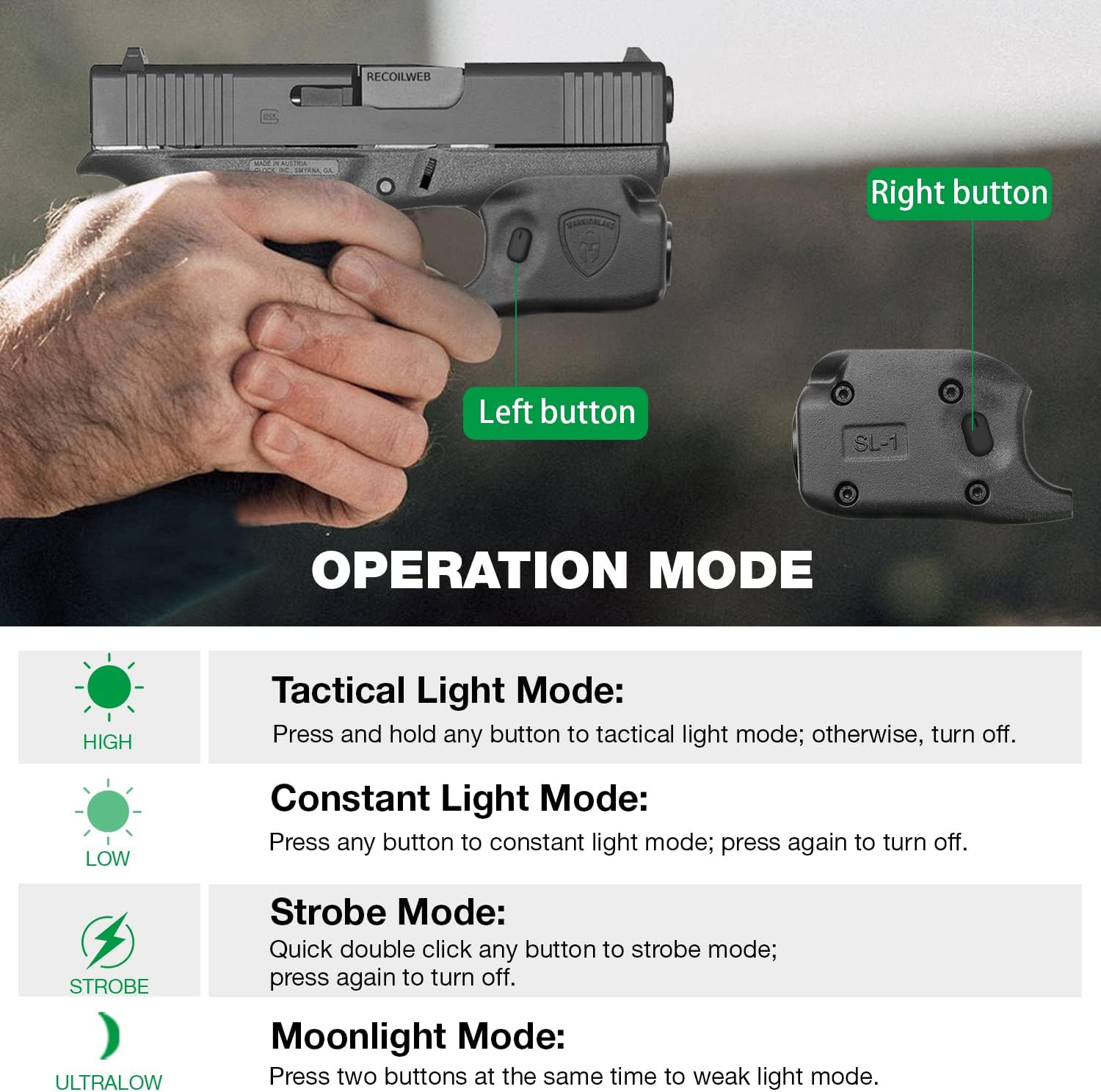 WARRIORLAND Mini Gun Light Compatible with Glock 42 / G43 / G43X (Not Fit G43X MOS) / G48(Not Fit G48 MOS), 150 Lumens G42/43/43X/48 Handgun Light, LED Tactical Light G42/43/48 SL-1 - WARRIORLAND