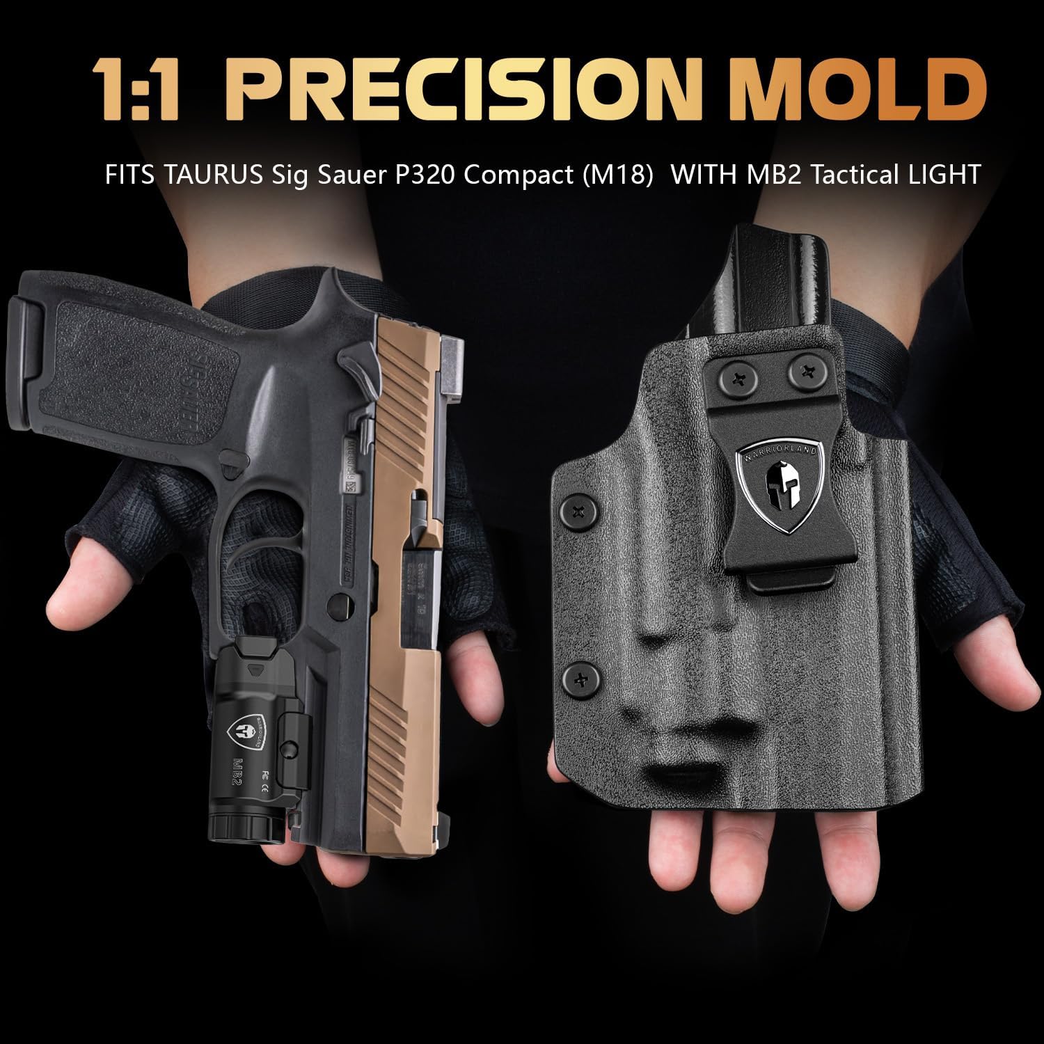 WARRIORLAND 500 Lumen White LED Tactical Light with P320 M18 Holster Combo - Compact Rail Mounted Pistol Weapon Flashlight with Power Indicator / 3 Light Modes (MB2/P320m18) - WARRIORLAND